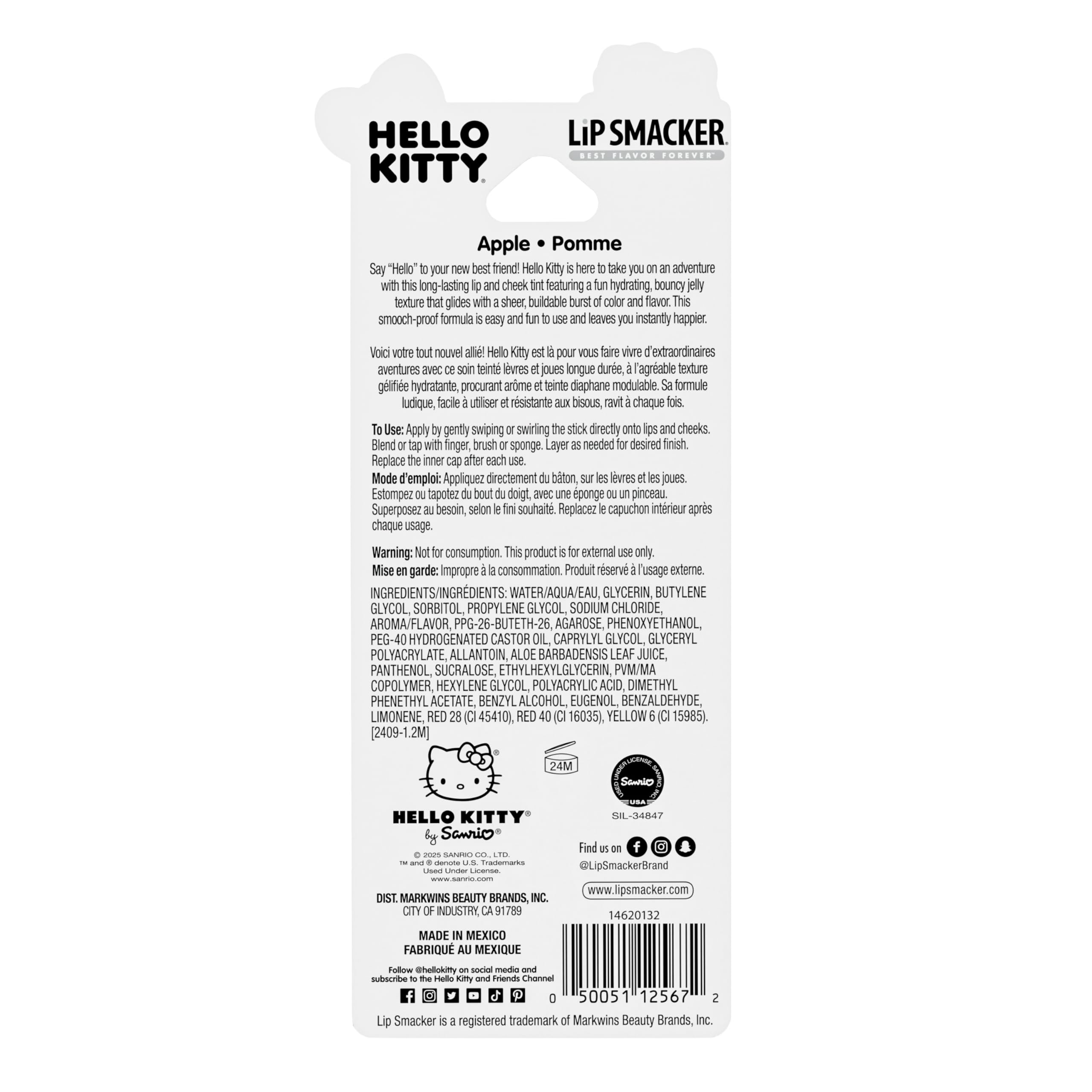 Lip Smacker Hello Kitty So Jelly Lip & Cheek Tint, Moisturizing Sheer & Buildable Color, Fun Bouncy Jelly Texture, Sweet Flavor - Cherry: Apple