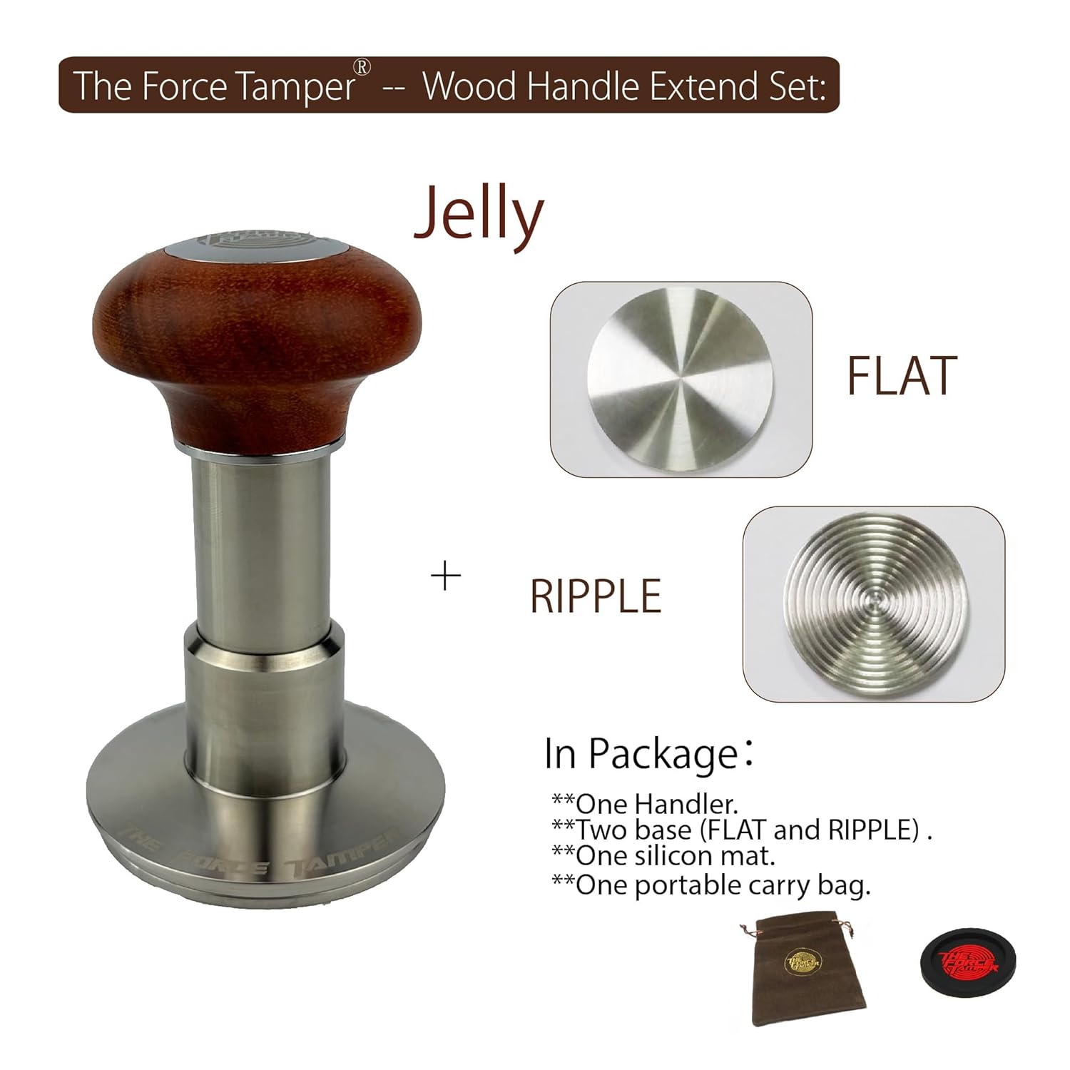 KuGuo The Force Tamper Automatic Impact Adjustable Constant Pressure and Autoleveling Coffee Tamper Reddish Brown Jellyfish Wooden Handle Set Pro (Extend Set, 54.00mm)