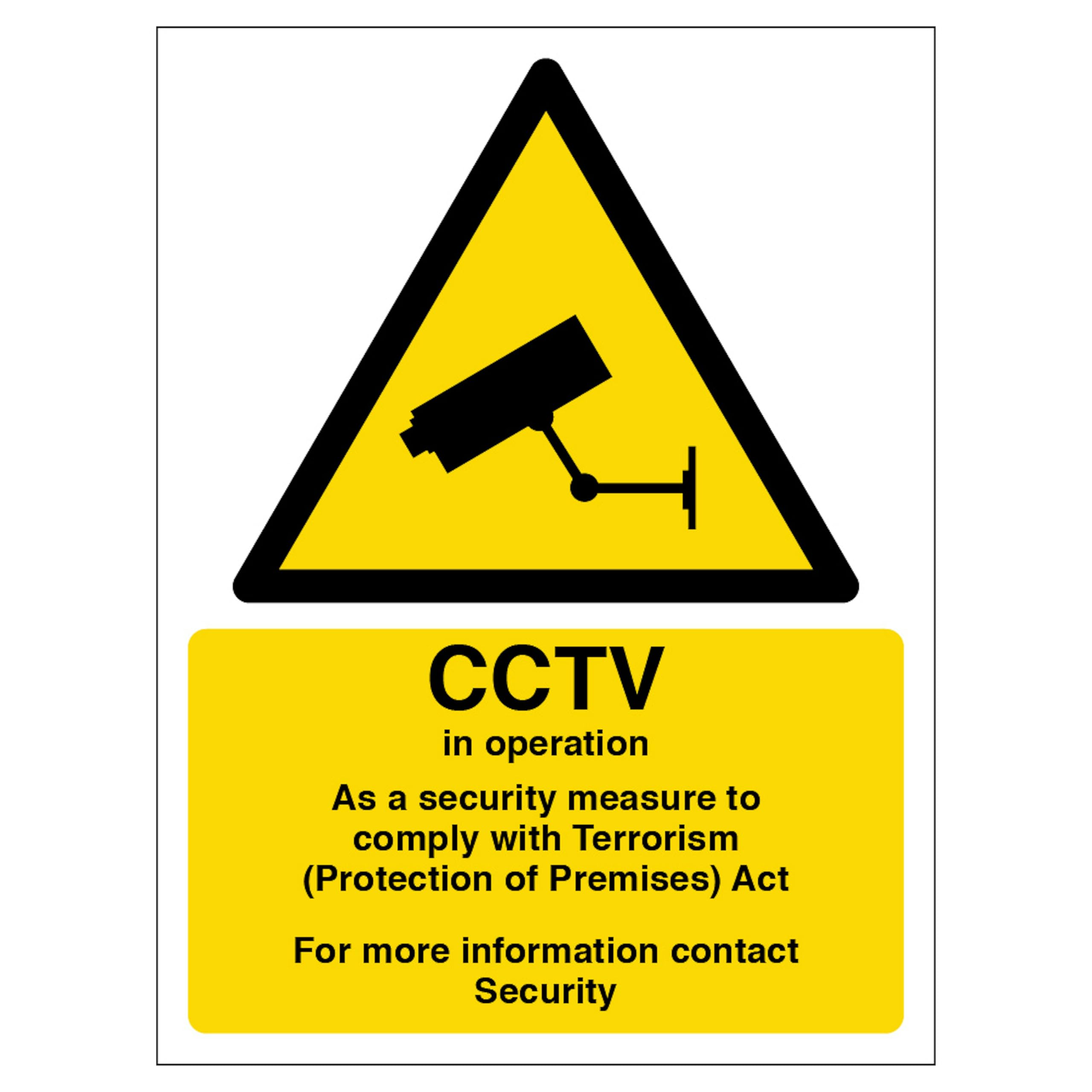 V Safety CCTV in Operation - Comply with Terrorism Act - Contact Security 150 x 200mm - 2mm Rigid Plastic