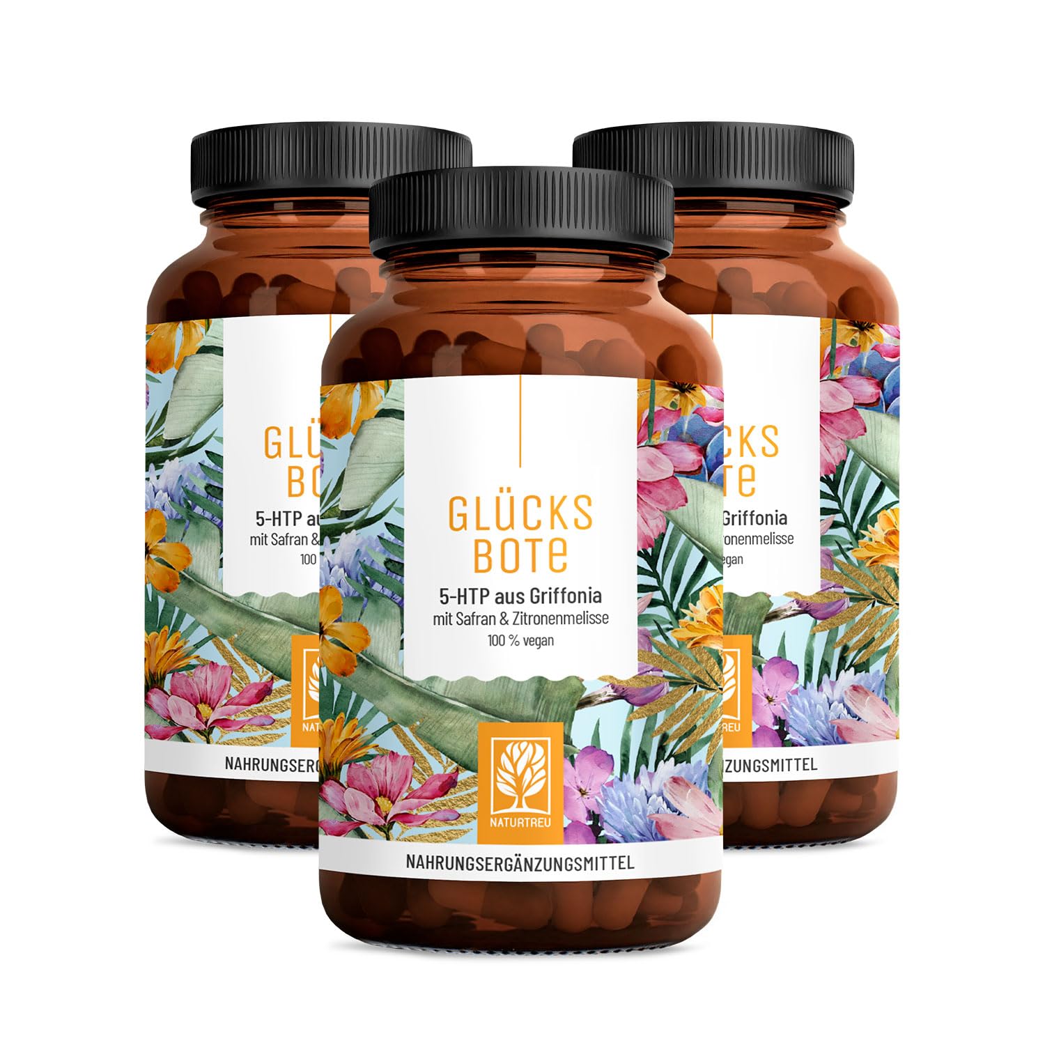 NATURTREU® 5-HTP Komplex vegan - Kapseln mit 100mg 5-HTP aus Griffonia | Safran, Zitronenmelisse & Vitamin B6 – hochdosiert, ohne Zusatzstoffe – Vorteilsbundle 3er Paket - Stimmungskapseln