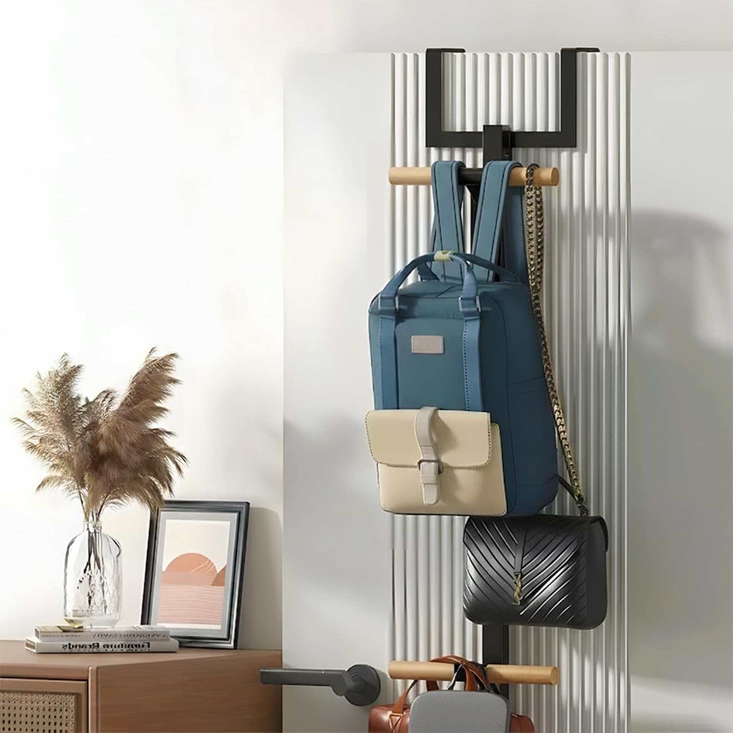 RFOUO Backpack Hanger for Closet, Metal Storage Rack Backpack Hooks,2 Tiered Over The Door Hanger for Backpack,Heavy Duty Over The Door Hook Storage for Backpack, Coat, Bag, Hat,Black