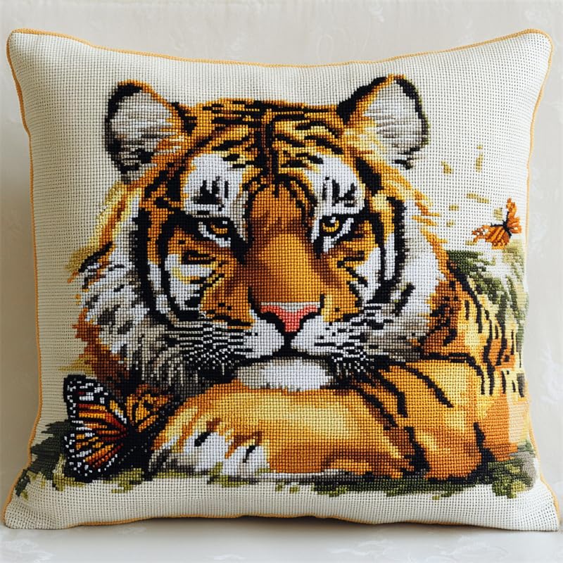 AMBATTERY Cushion Cover Kit, Animal Tiger DIY Embroidery Cross Stitch Cushion Kits 45X45cm Needlework 11ct Stitched Pillow Cover Kit Decoration Embroidery Pillow Case