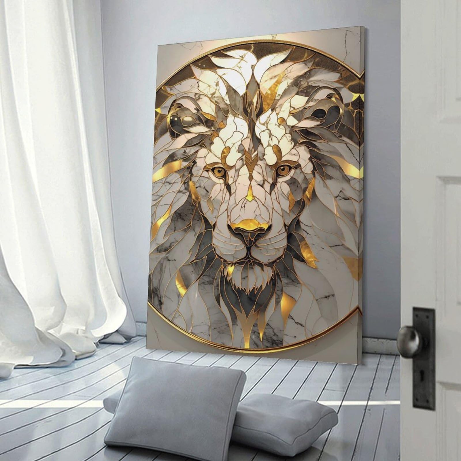 Junmoney Frame-Style-23 Decorative Wall Artwork Lion Marble And Gold Art, 20X30inch(50X75cm), For New Homes, Bedrooms Or Workspaces, Canvas Artwork With Gifting Potential