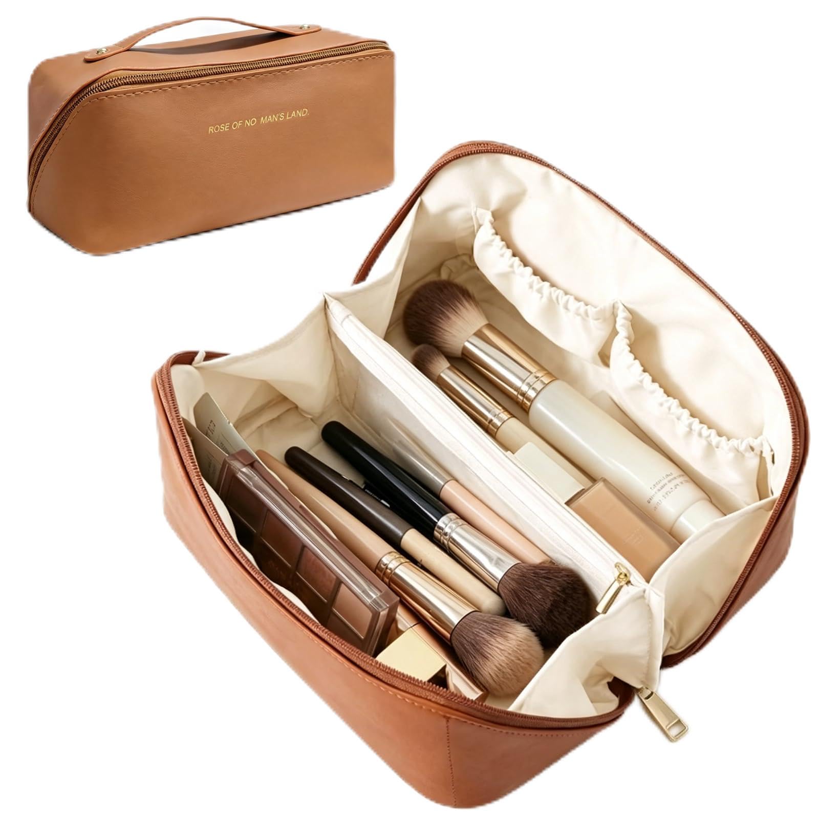 PU‑Leather Travel Makeup & Toiletry Bag Classic Brown Women