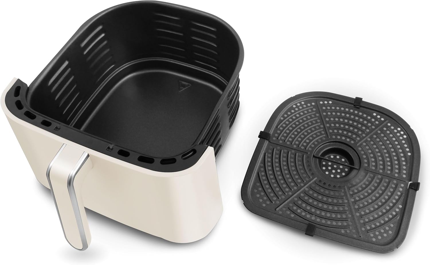 Detached cooking basket and the removable grill plate of the Rohnson Pop Air Fryer.