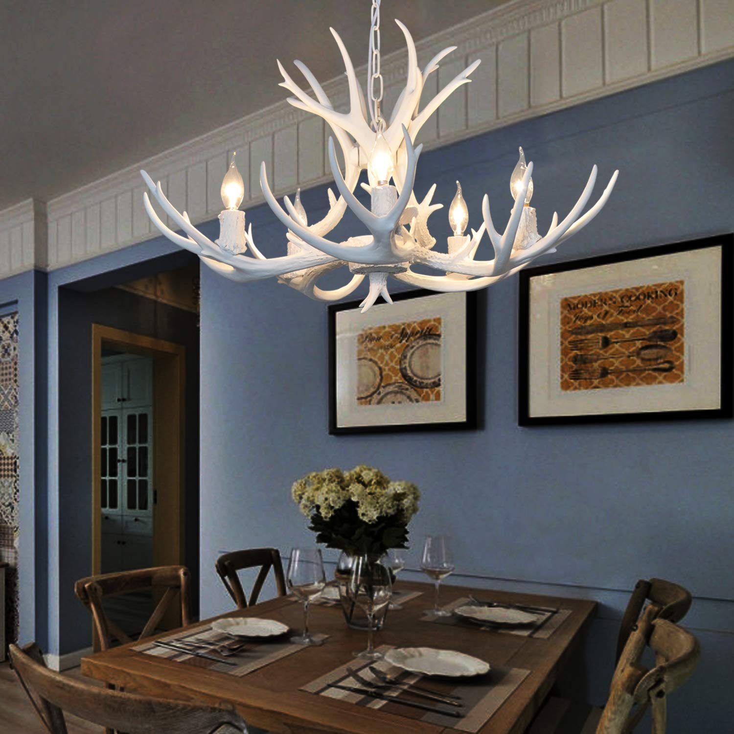 SXECAEPS Modern creative chandelier Deer Antler White, 5 Light Rustic Vintage Style Pendant Lighting for Living Room,Dining Room,Bedroom Balcony Bar and Cafe White