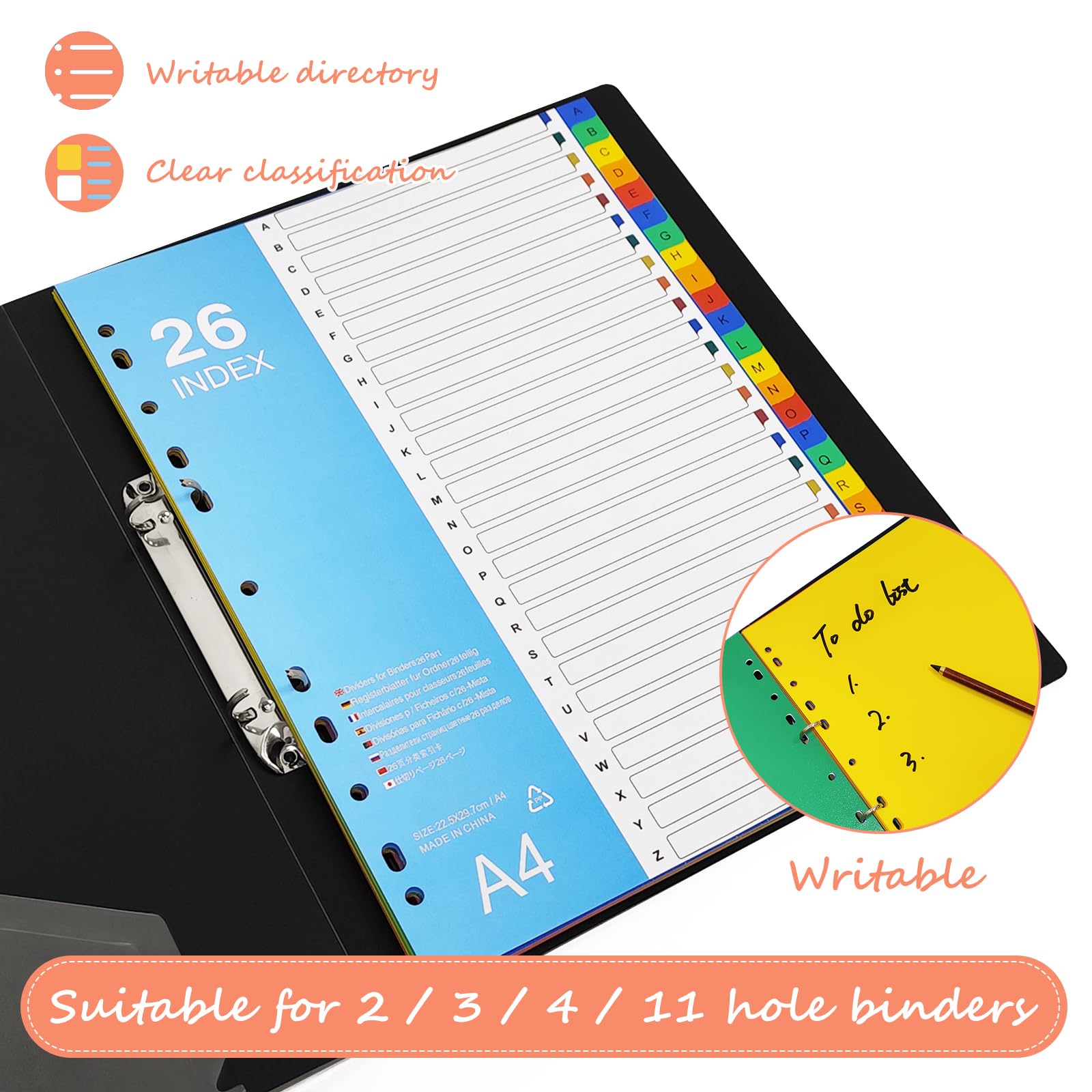 GUOKOFF A4 File Dividers, 26 Part Folder Dividers, A-Z Index Dividers, 5 Pack Plastic Binder Dividers with Multi Hole Punched - Image 4
