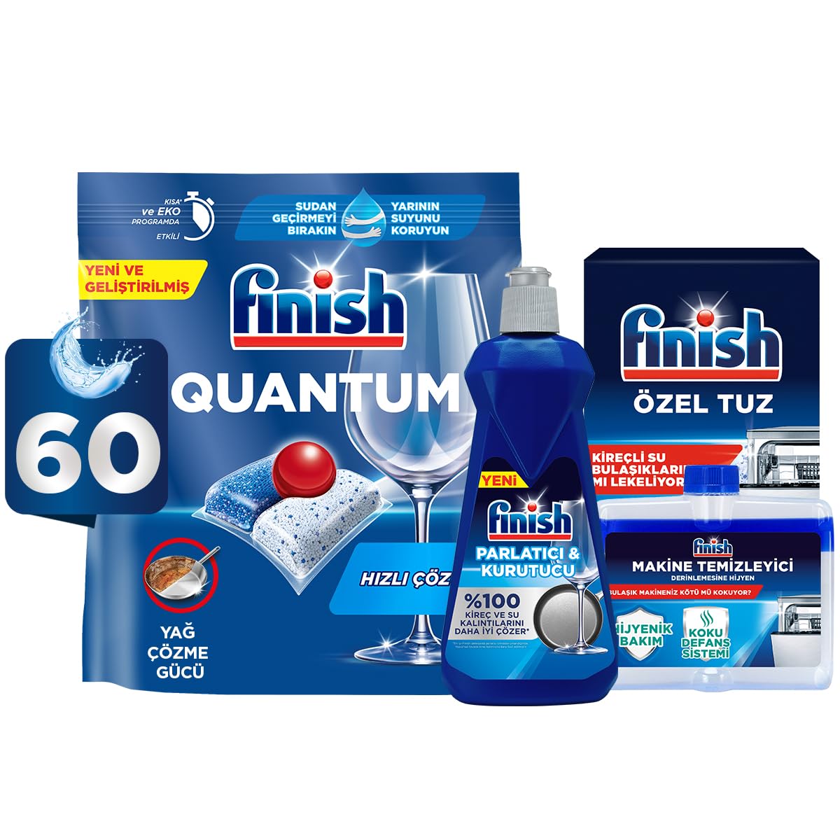 Finish Quantum 60 Kapsül Bulaşık Makinesi Deterjanı Tableti + Temizlik ve Bakım Seti