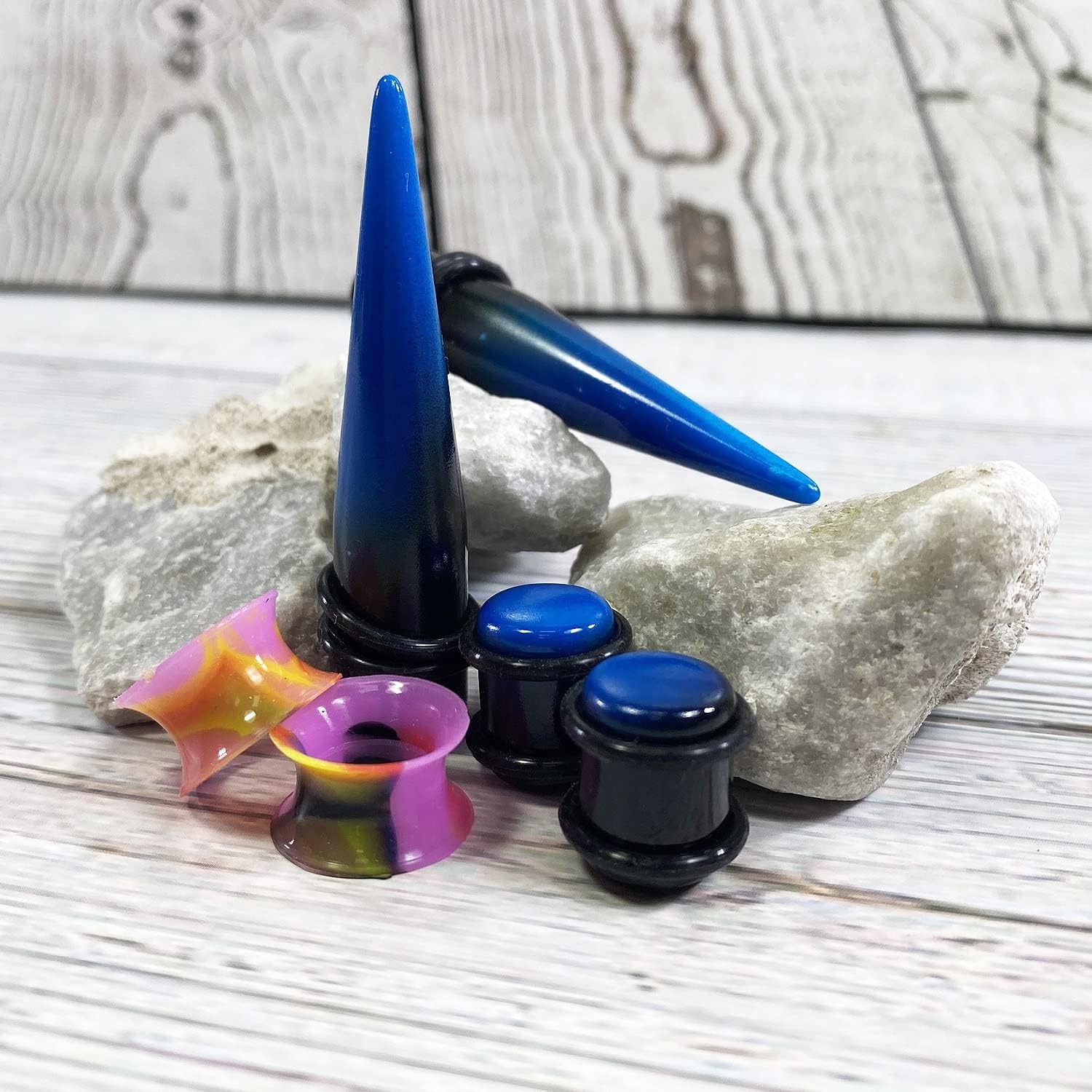 BodyJ4You 55PC Gauges Kit 14G-12mm - Aftercare Jojoba Oil, Bump Keloid Treatment Drops - Black Blue