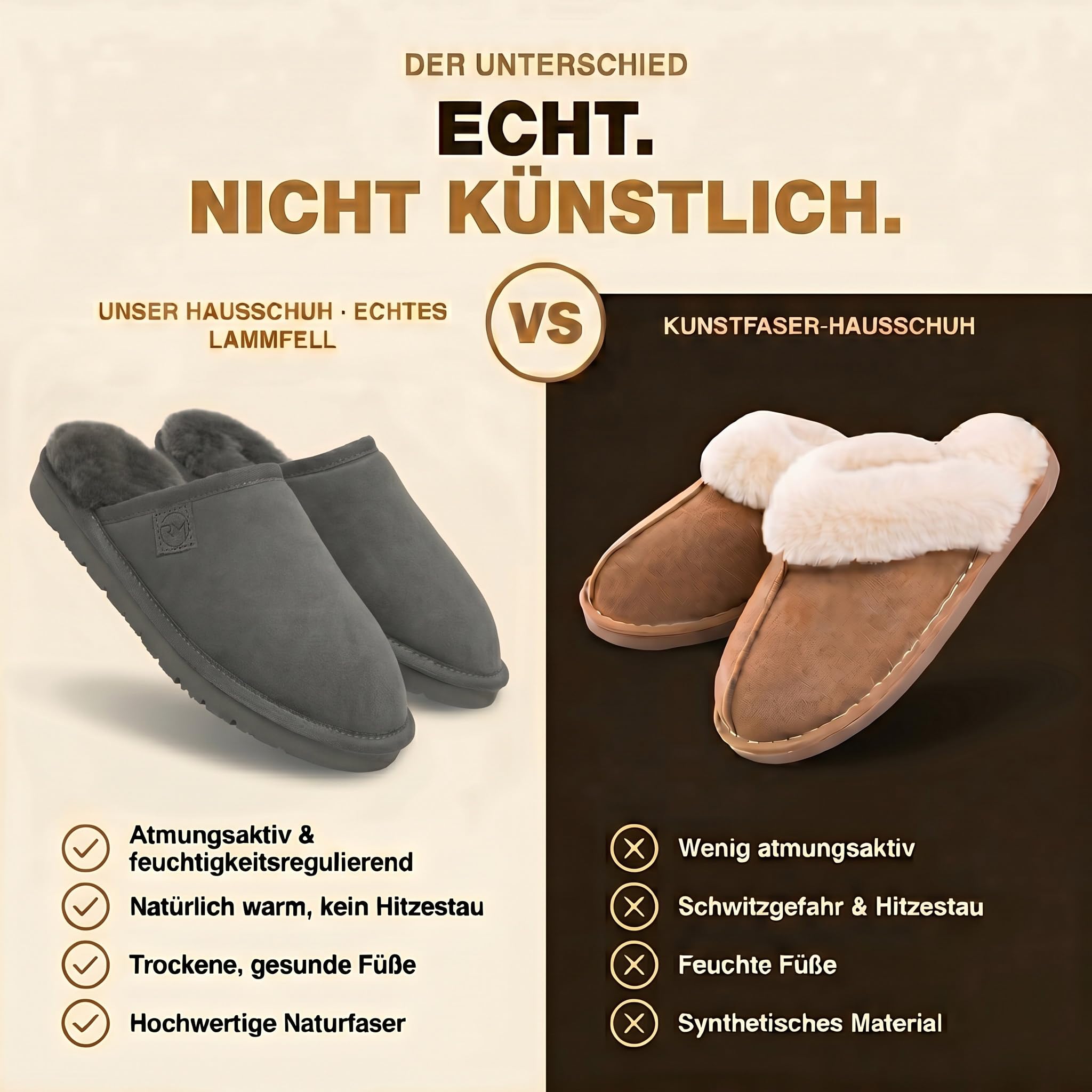 Rohn Moden Lammfell Hausschuhe Herren – Loisl – Warme Hausschuhe Herren mit Schaffell & rutschfester EVA-Sohle – Winter Pantoffeln für zuhause – Slipper gefüttert - Braun Grau