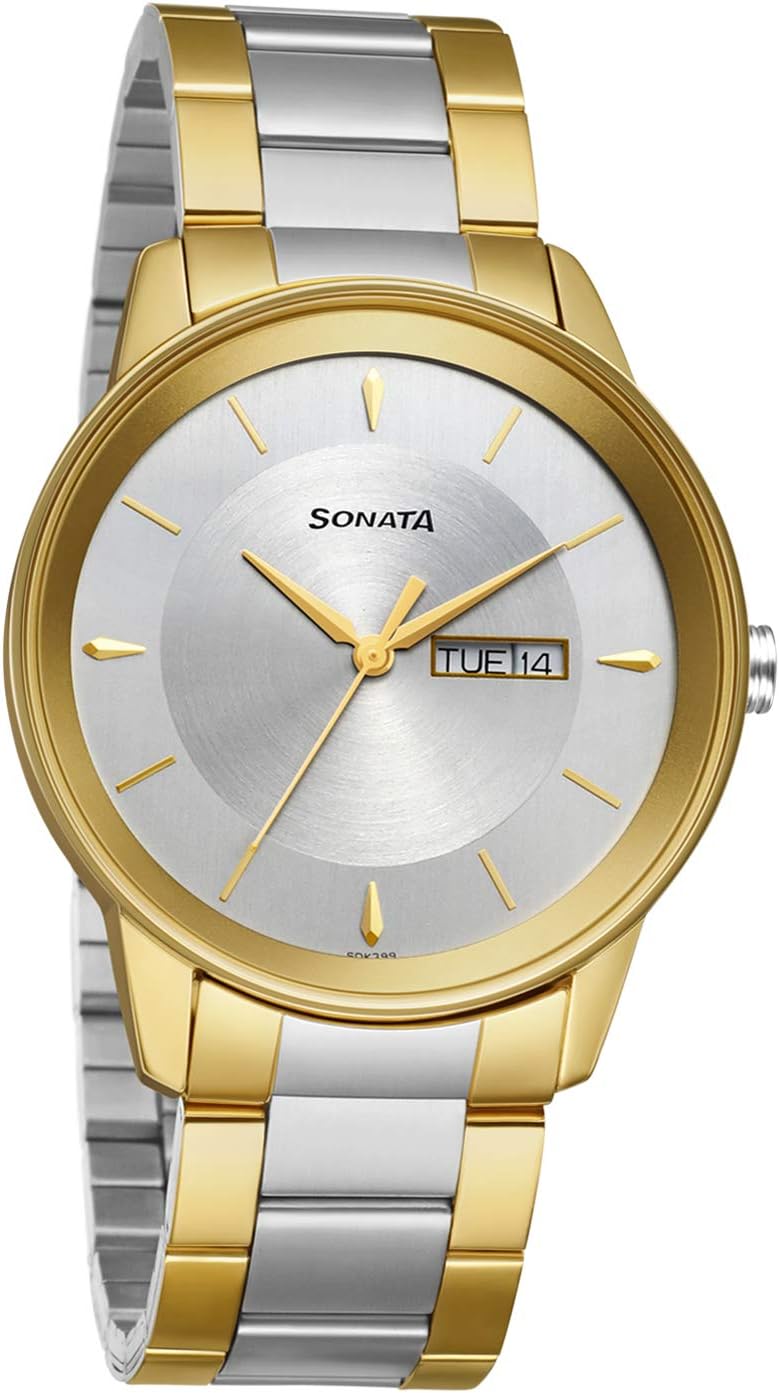 Sonata Quartz Analog With Day & Date Silver Dial Two Toned Silver & Gold Stainless Steel Strap Watch for Men - NT7133BM03