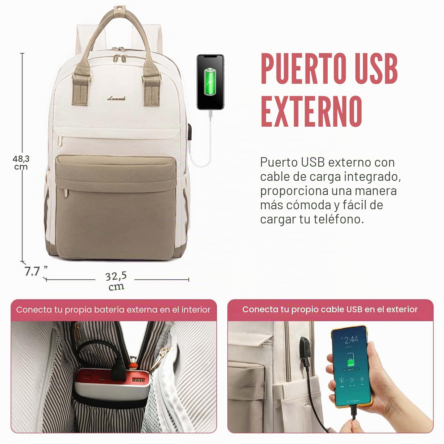 LOVEVOOK Mochila de Mujer para Ordenador Portátil de 17 Pulgadas Impermeable Mochila Escolar Antirrobo, Casual Backpack con Carga USB para Trabajo Viajes Universidad Colegio, Caqui Beige