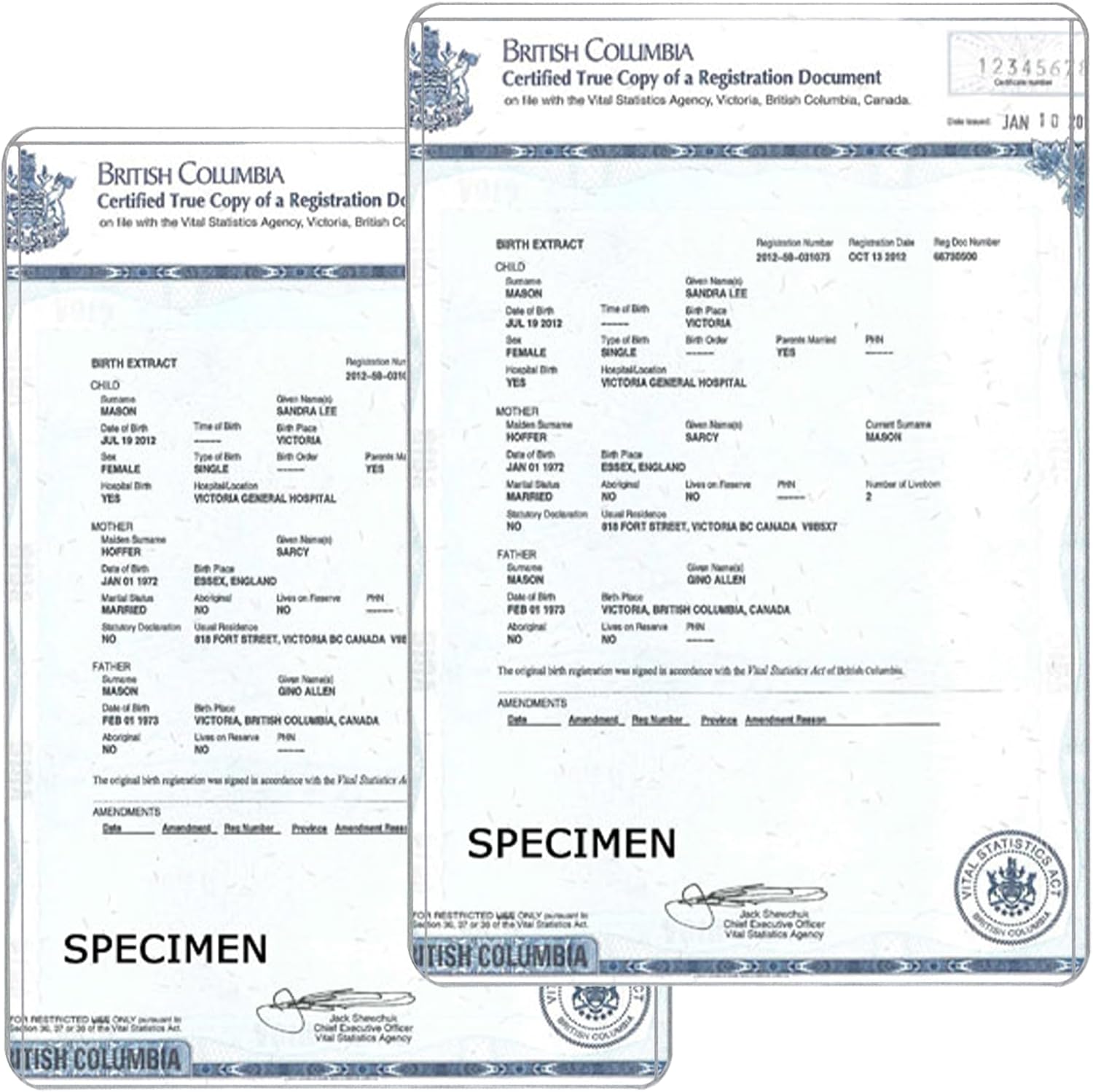 Canadian Birth Certificate Holder, 5 x 7 Inch Clear Plastic Cover (2)