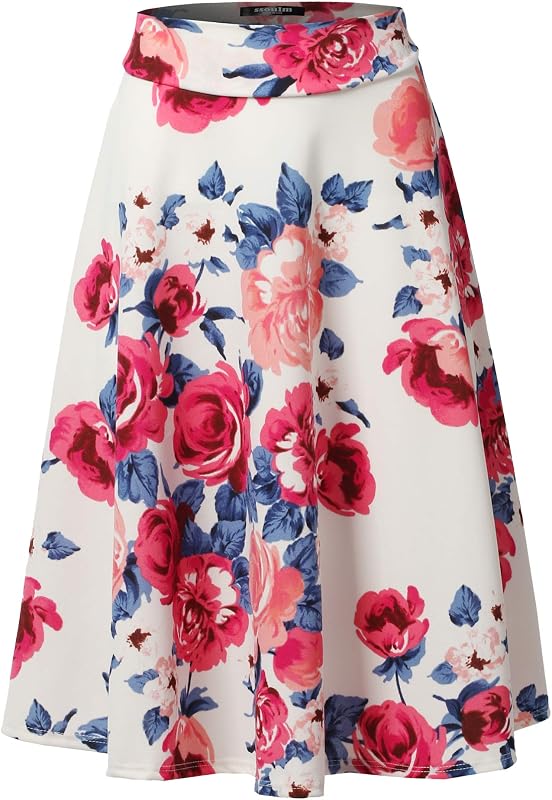 SSOULM Saia midi modelo A-Line com cintura alta e estampa floral, SSK004