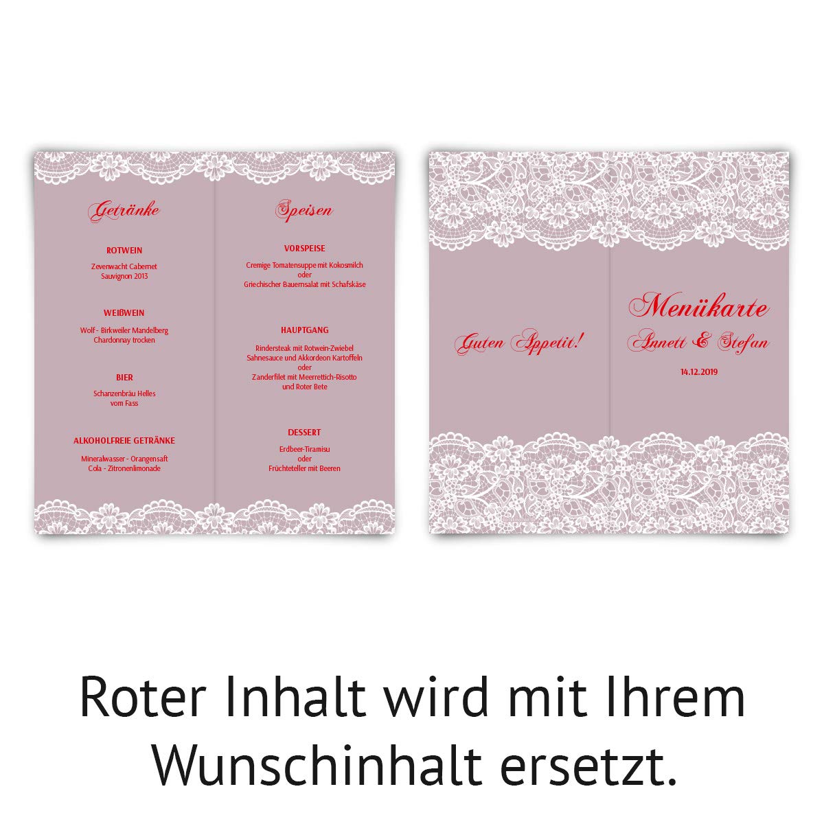 60 x Hochzeit Menükarten individuell mit Speisen und Getränken DIN Lang Klappkarten - Spitze in Lila