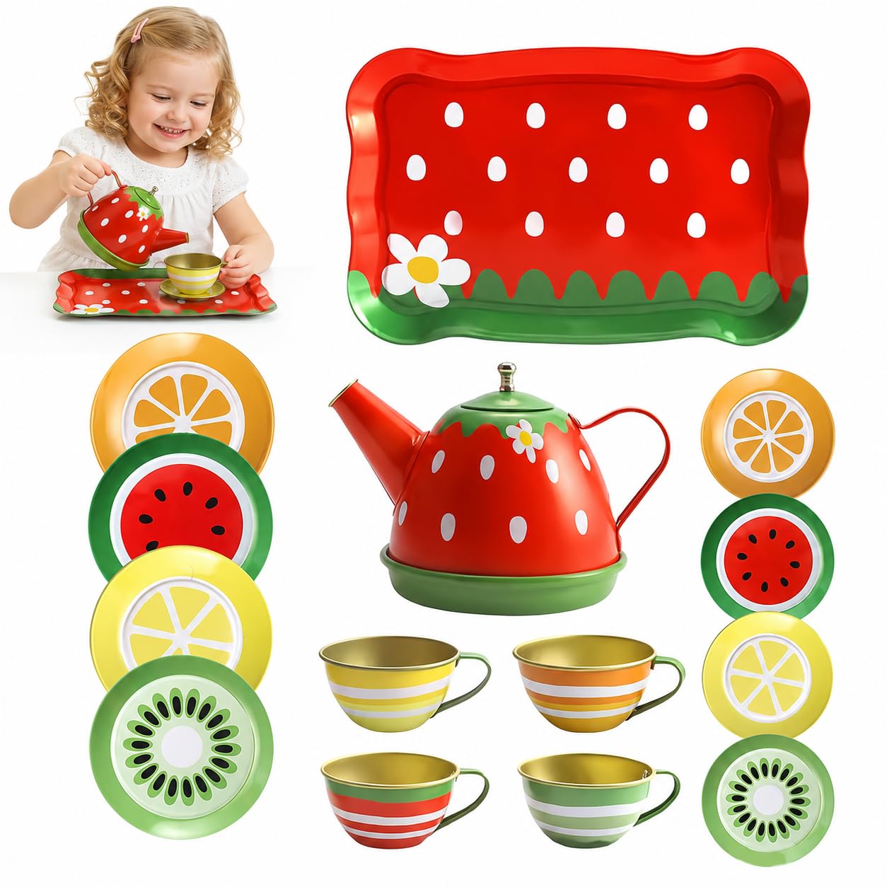 Metal Tea Set for Kids,14pcs Tea Party Set for Girls Pretend Kitchen Toy