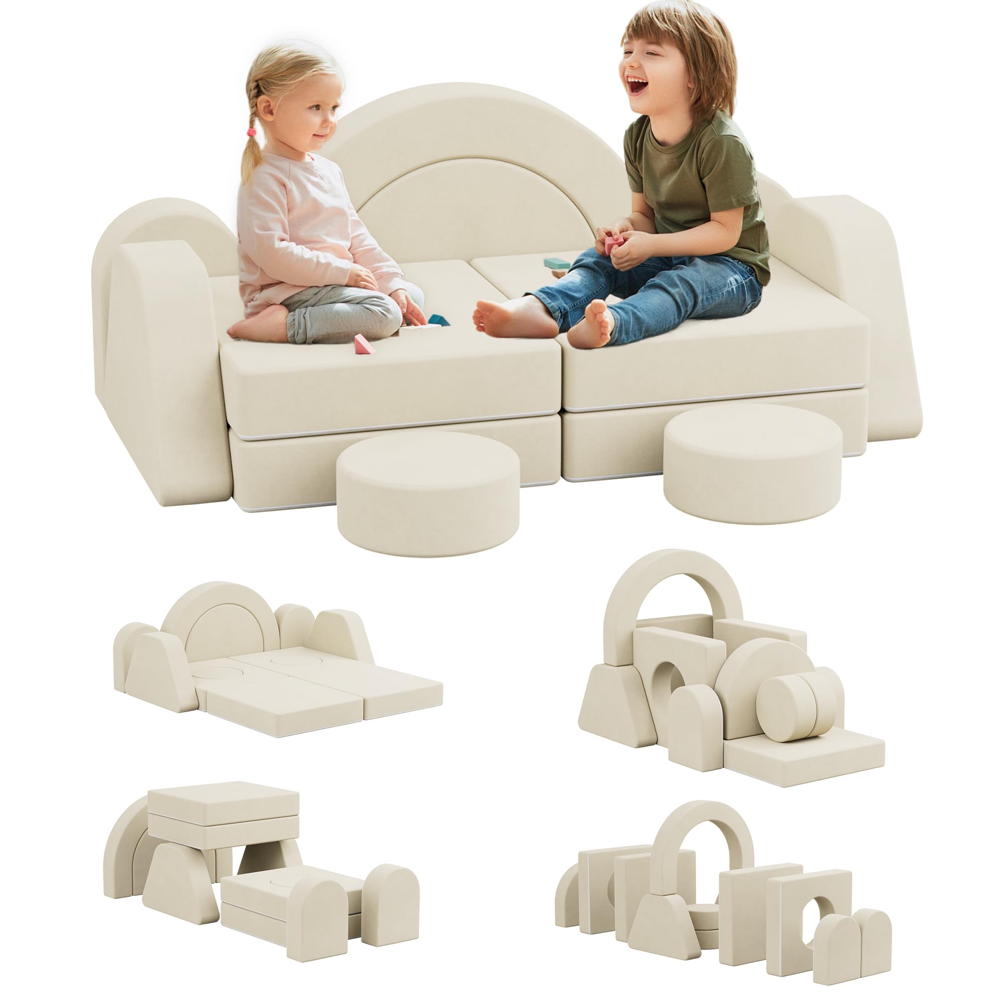 NACHES Spielsofa für Kinder, Modulares Kindersofa aus Schaumstoff, Kord, Kindercouch waschbar, Schlafsofa für Kinderzimmer (Beige, 2-Sitzer)