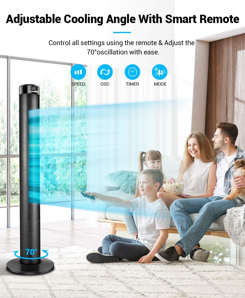 Tower Fan, 46 Inch Oscillating Quiet Cooling Tower Fan with Remote, 3 Modes and 3 Speeds, Up to 12H Timer, Whole Room Wind Curve Floor Standing Fans with Auto Screen Off LED Display for Bedroom Home