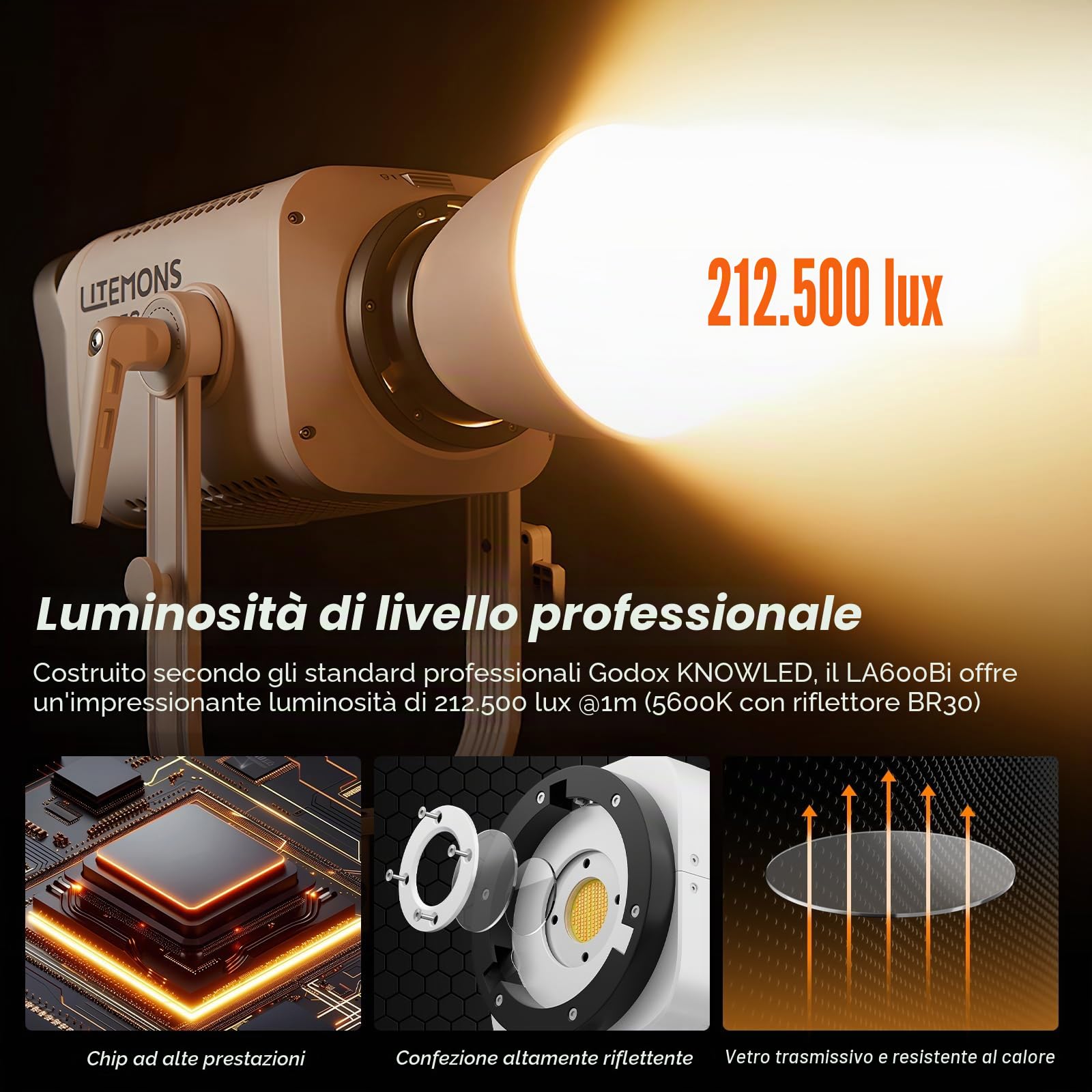Godox Litemons LA600Bi Luce Video Luce Continua Video con Riflettore BR30,Video Light 600W 212500Lux@1M,2800K-6500K Luce Continua Piatta con Attacco Bowens e 11 Effetti FX