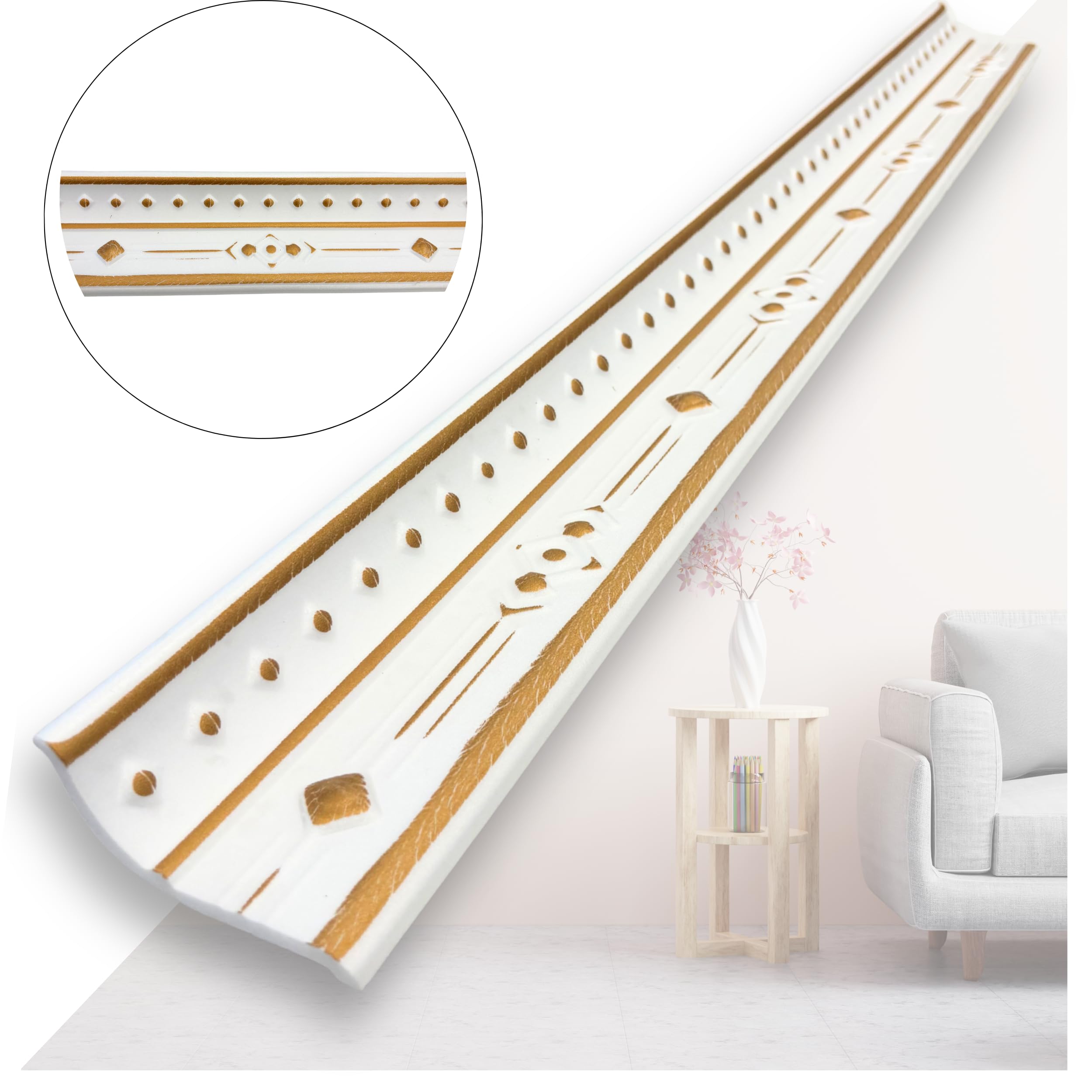 Molduras de estuco de poliestireno XPS – Molduras de techo blancas de 1 m – Listones para techo y decoración de pared – Molduras decorativas ligeras de poliestireno puro suave (V03-08 – Oro) 16