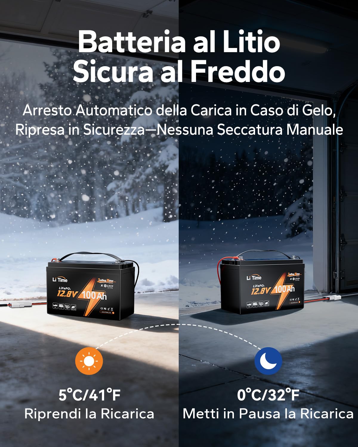 LiTime Batteria al Litio 12V 100Ah per Barche, Batteria LiFePO4 con Protezione Bassa Temperatura, 4000-15000 Cicli Profondi, Energia 1280Wh, Perfetta per Motori da Traina, Nautico, Yacht