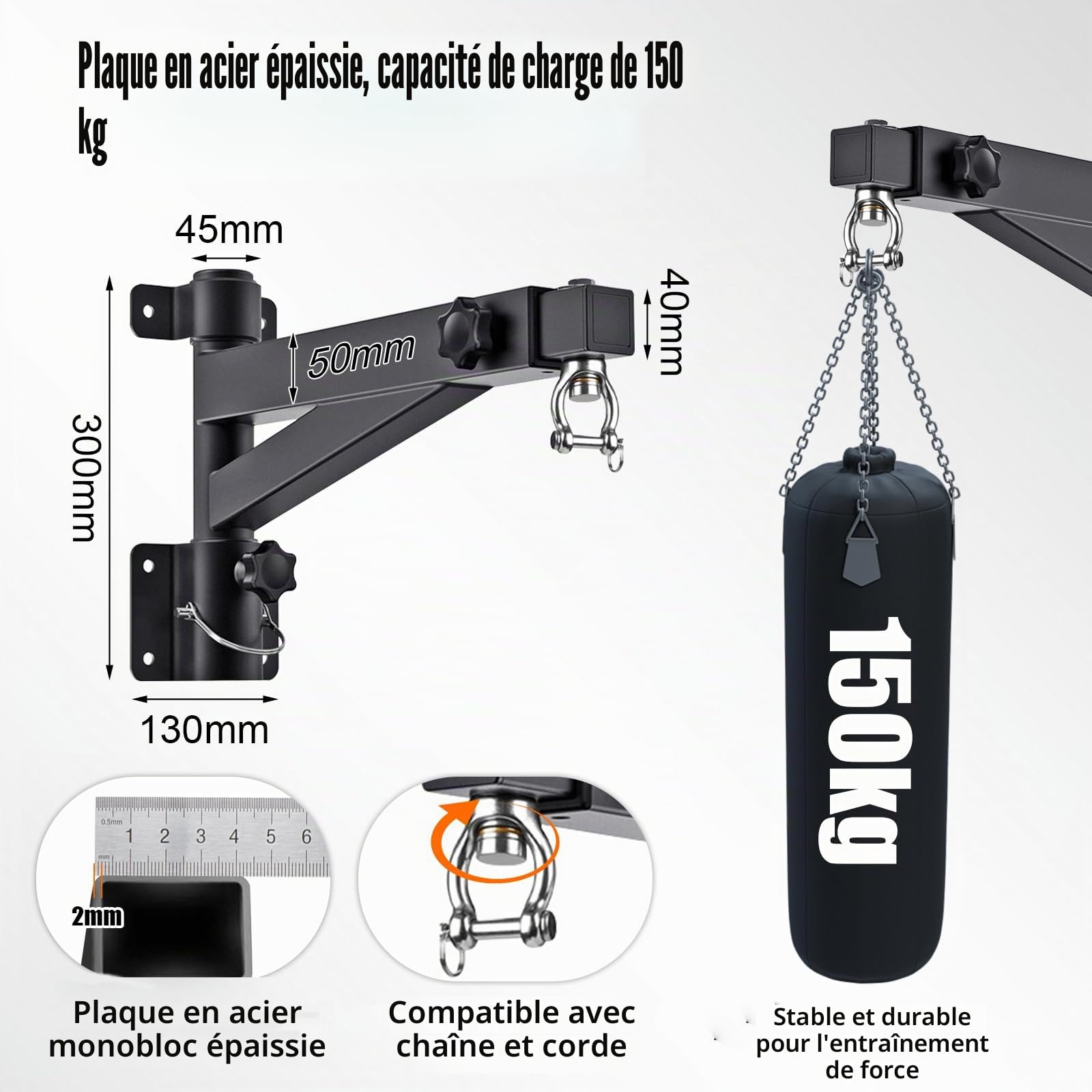 Support Sac de Frappe Adulte, Support Mural Sac de Boxe, Longueur Réglable (43-63cm), Rotation à 180° pour Pliable, Supporte 150kg Punching Ball, pour Salle de Sport à Domicile/Garage/Sous-sol