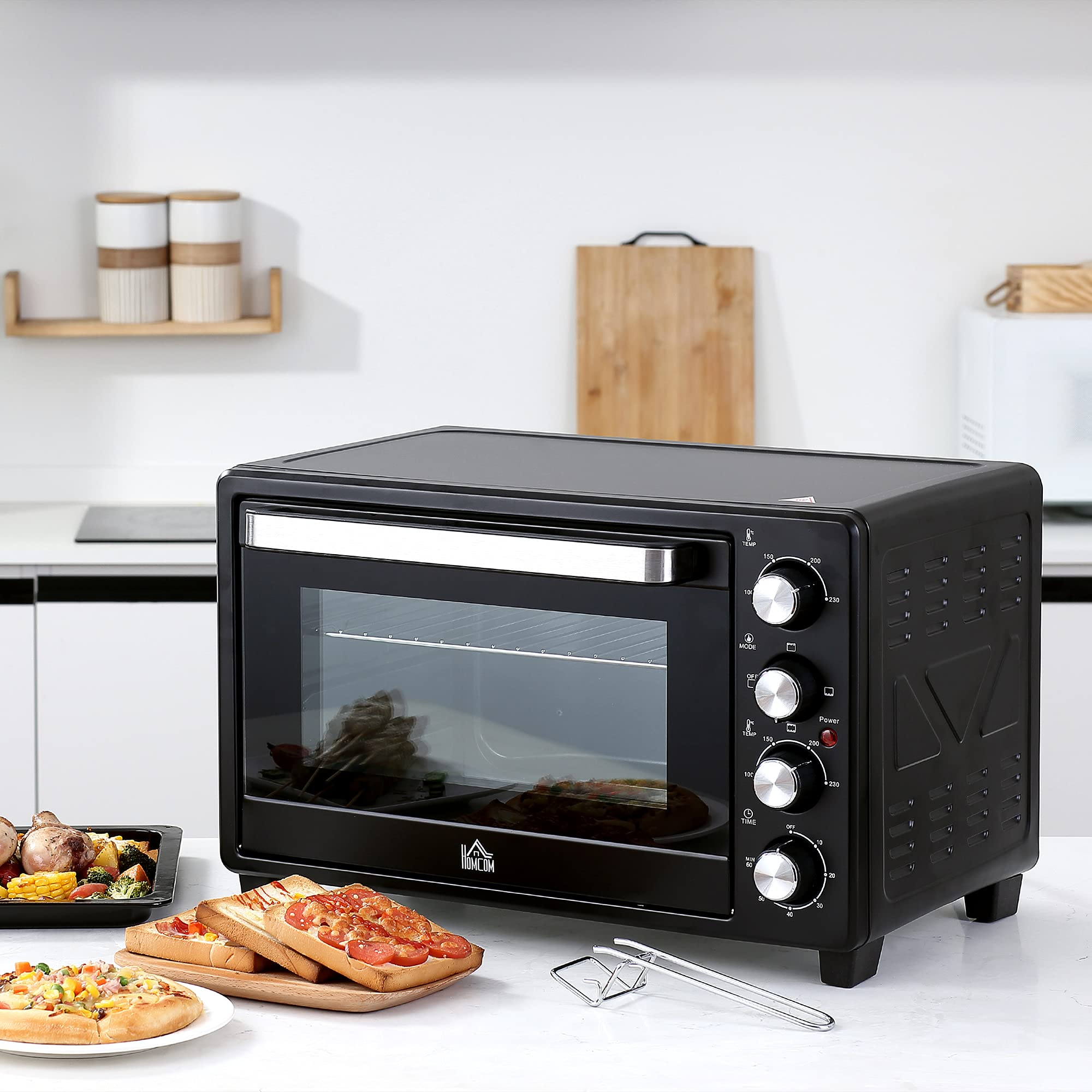 HOMCOM Fornetto Elettrico 32L Regolazione Temperatura e Timer, 3 Modalità di Cottura e Accessori, 1600W, 52.2x38.1x33.5cm, Nero