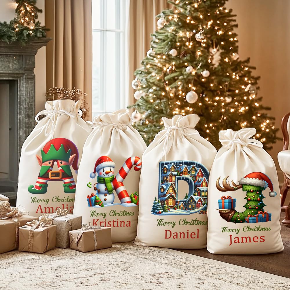 GSTFY Personalised Christmas Bags For Gifts Canvas Large Custom Initial Name Christmas Wrapping Bags Drawstring Xmas Gift Bag Presents For Family Kids Tree Snowman Elf Igloo 4 Designs