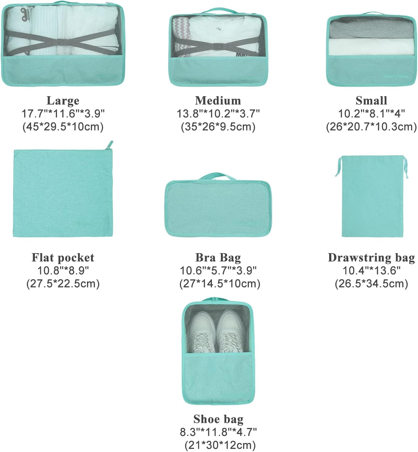 Surblue Travel Packing Cubs for Luggage Suitcase Organizer Clothing 7 Set with Two-way Zippers and Belts Travel Accessories for Clothes, Shoes, Bra, Green