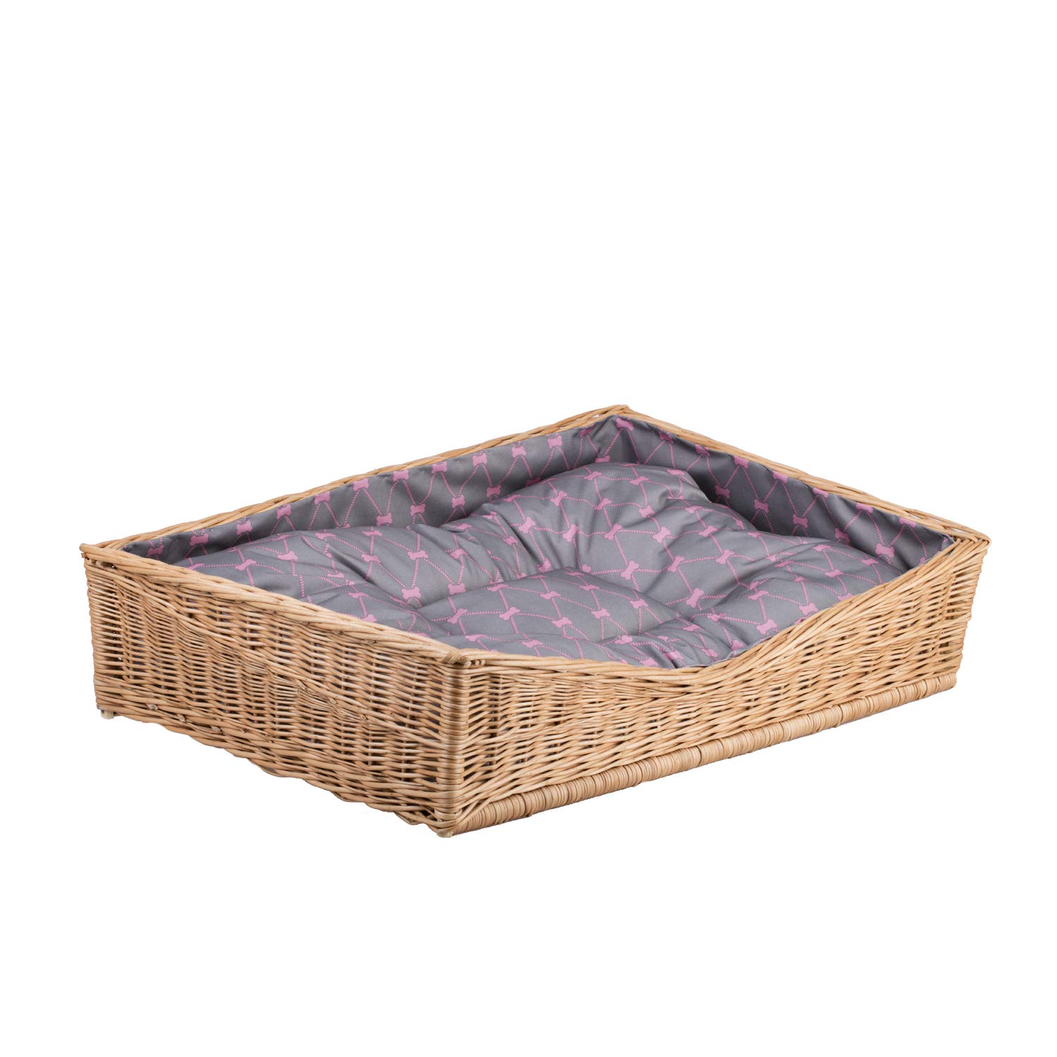 Cama de Mimbre para Perro con cojín, Cesta Hecha a Mano de Mimbre Natural, Transpirable y Estable, Cama ecológica para Perro Interior hogar (cojín Gris)