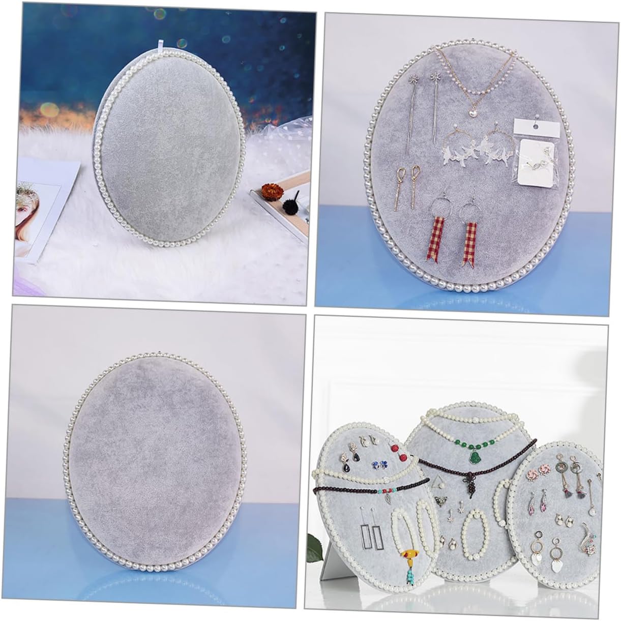 Oval Earring Organizer Stand Large Wall-mounted Jewelry Display Rack with Soft Fabric Panel for Earrings and Necklaces, Gray Jewelry Storage Holder for Home and Retail Use