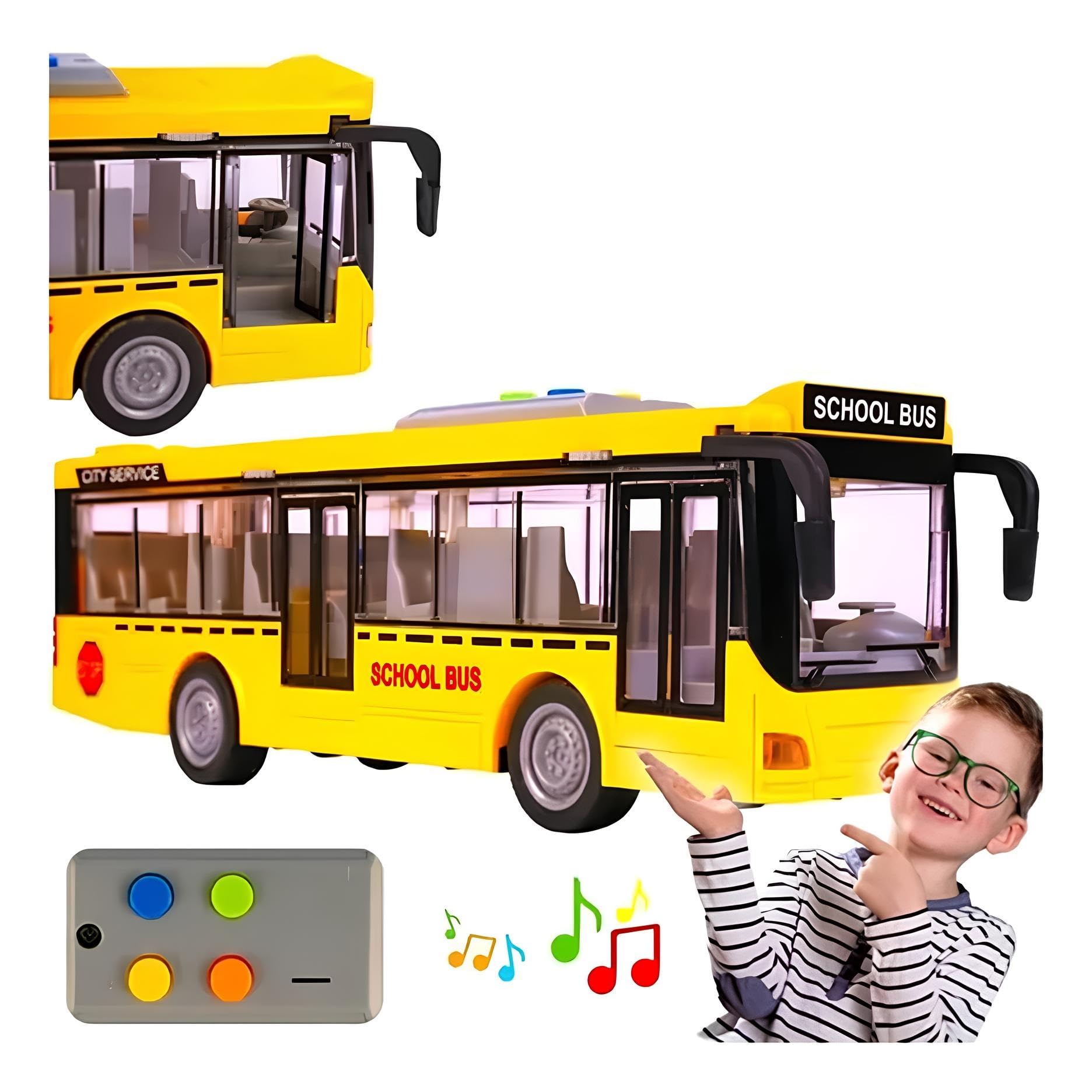 Bus Spielzeug Lichter und Sound Bus groß 28 cm Pullman Spielzeug für Kinder Lichter Geräusche Reibungsbewegung Türen öffnen Schule Buss Multifunktions Maßstab 1:16, verschiedene Farben zufällig