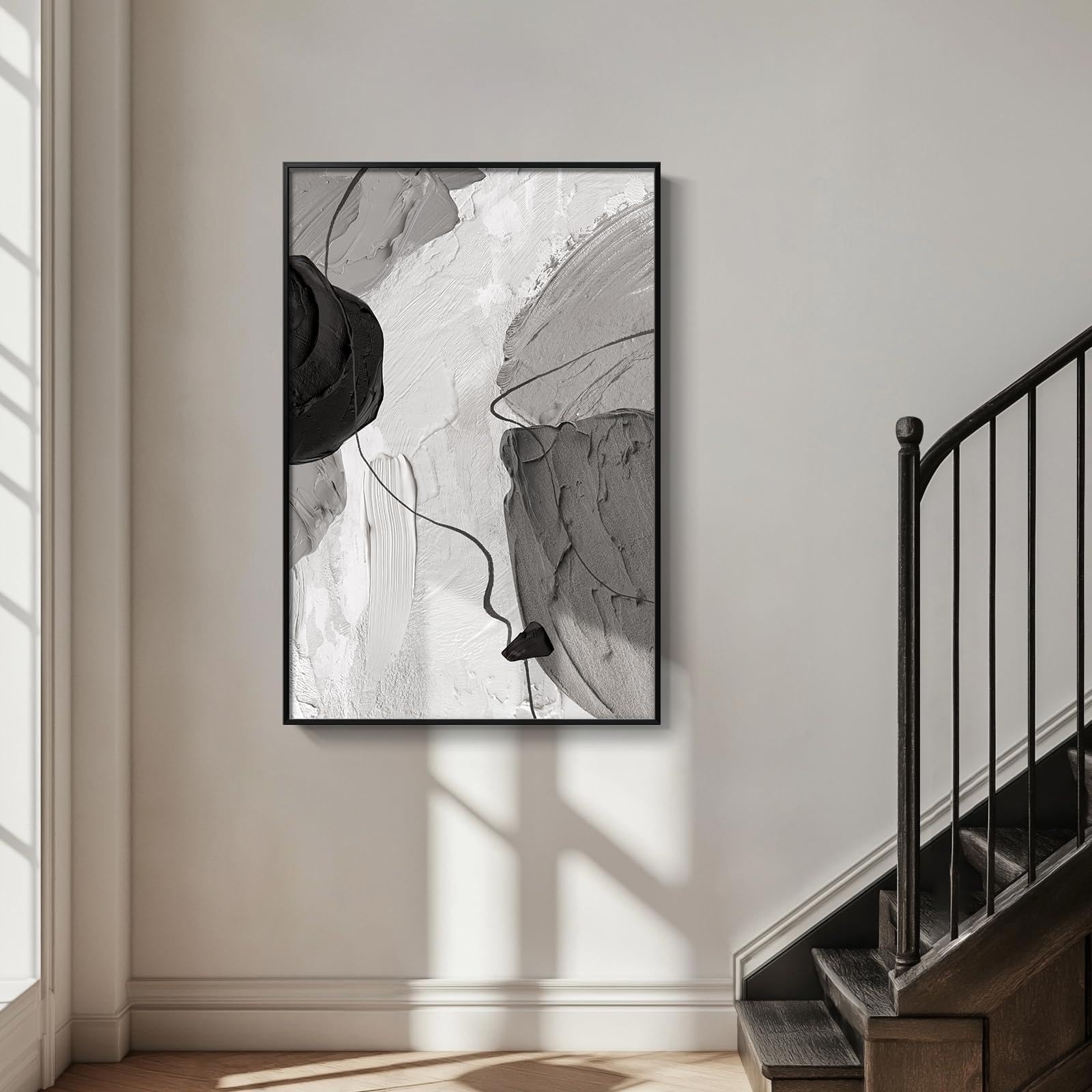 JACBON Minimalist Gray Pictures Large Framed Black and White Modern Abstract Vertical Wall Art for Living Room, Canvas Print 50x70cm（20x28inch withblackborder