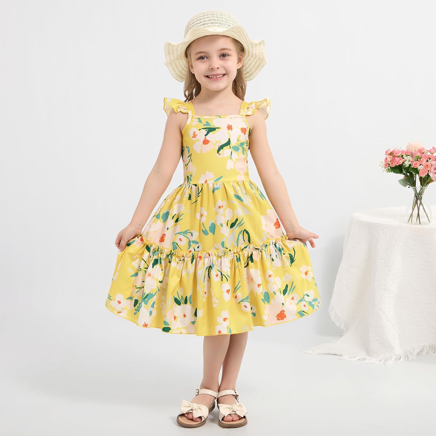 Girls Summer Floral Dresses Tie Back Flutter Sleeves Casual Spring Dress for 4-12 Years - Image 2