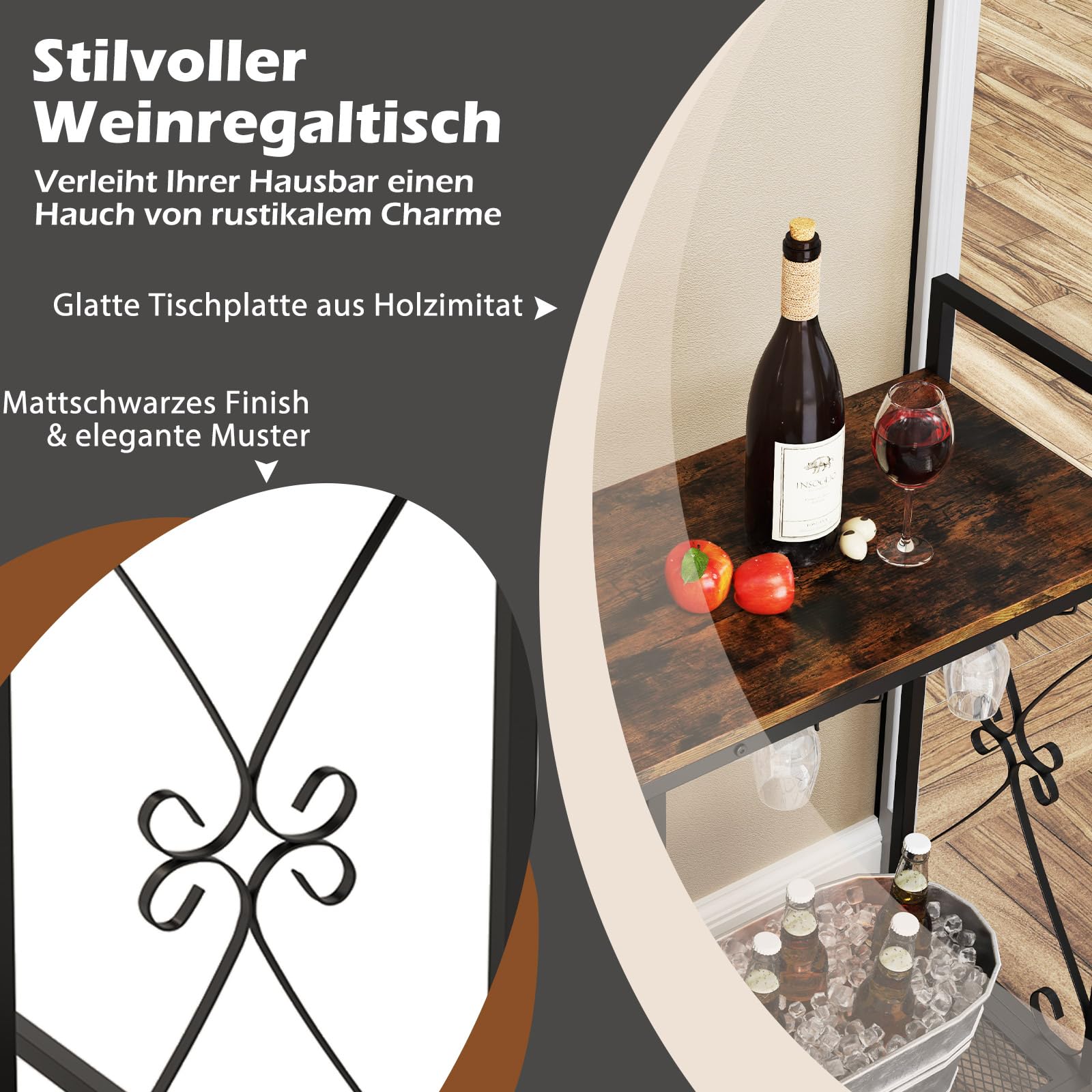 GOPLUS Weinregal für 21 Flaschen, Flaschenregal mit Weinglashalter für 6 Gläser & Gitterregal, freistehender Flaschenständer, Weinflaschenhalter Weinflaschenständer für Esszimmer, Keller (Schwarz)