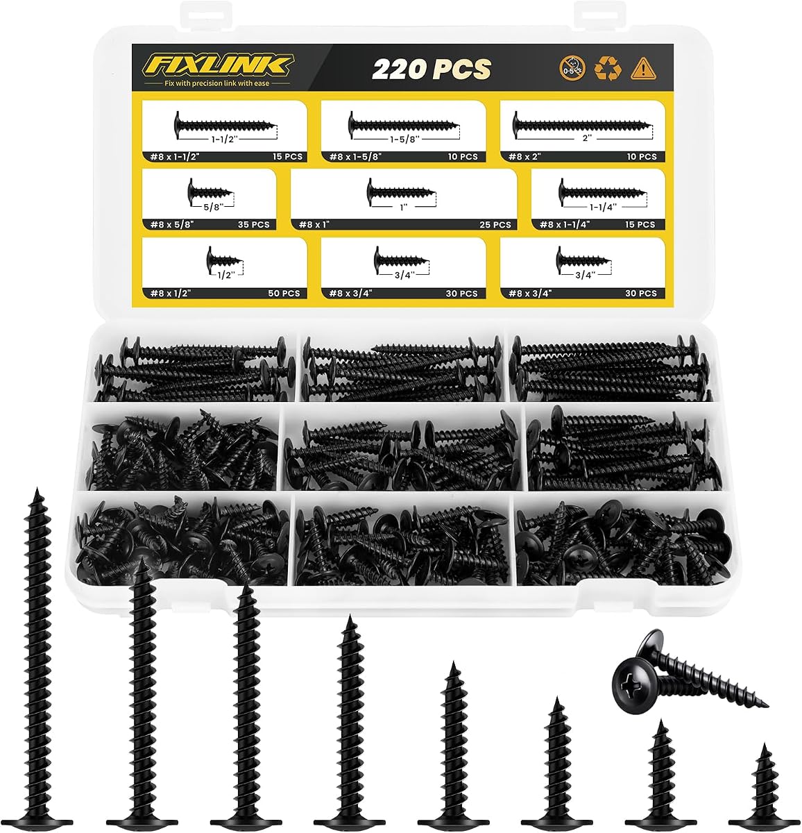 Truss Head Wood Screws 220Pcs Assortment Kit, FIXLINK #8 Assorted Screws | Contains 8 Sizes (2”,1-5/8”,1-1/2”,1-1/4”,1”,3/4”,5/8”,1/2”) E-Coated High Hardness Screws Set Furniture & Woodworking