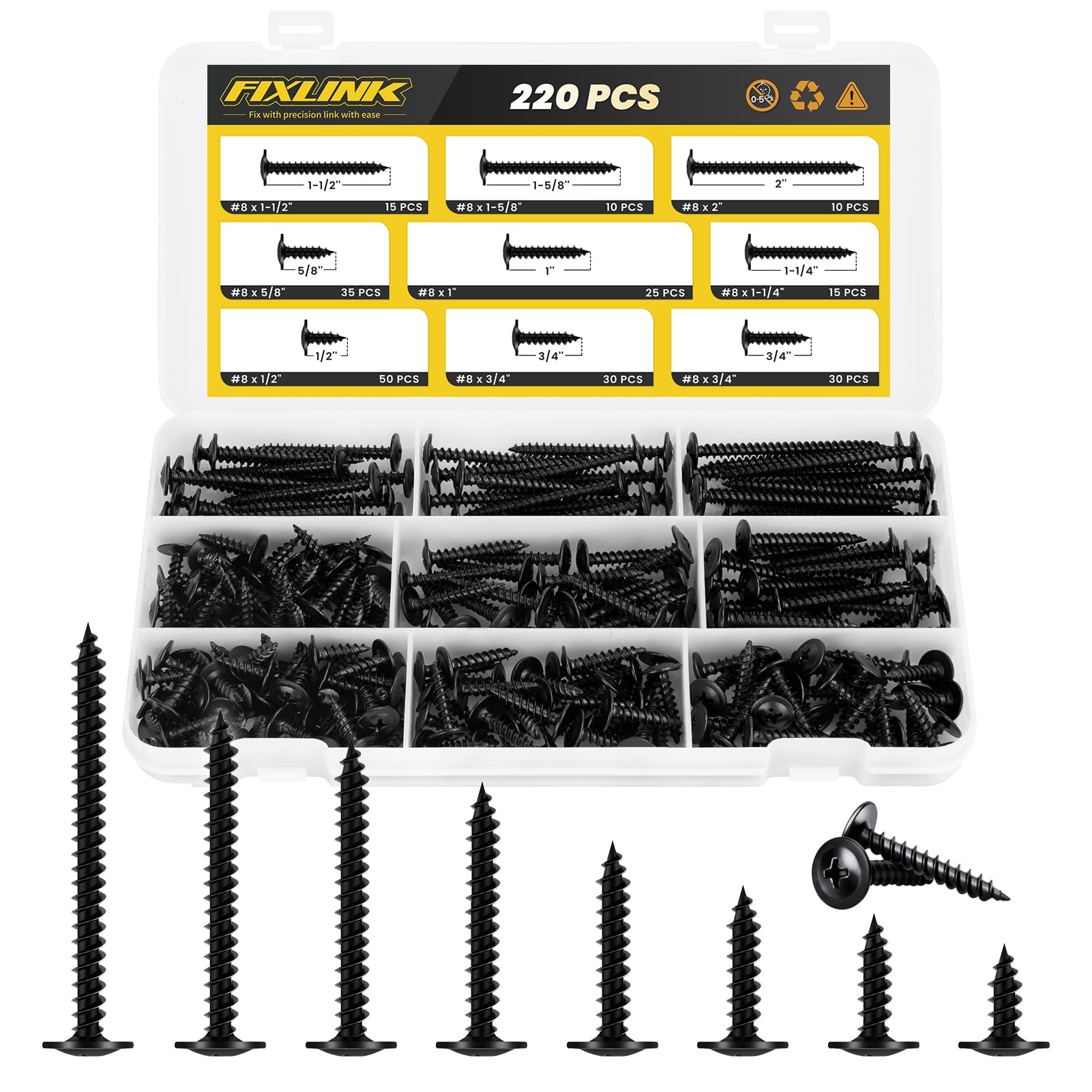 220 PCS #8 Truss Head Black Wood Screws Assortment Kit,FIXLINK High Hardness Wood Screws Set, Phillips Drive Assorted Screws, Contain 8 Size (2”,1-5/8