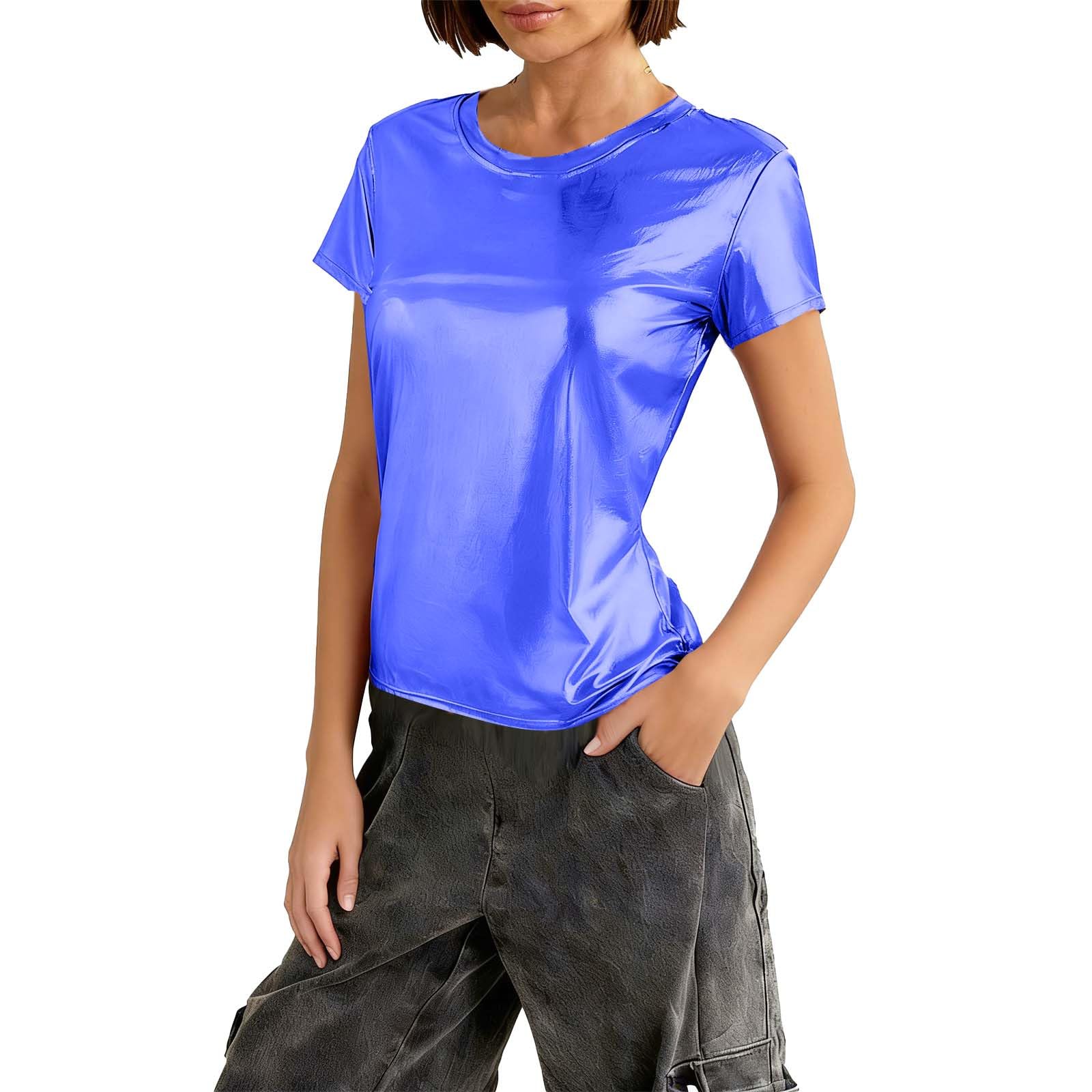 Silver Metallic Look Tops Women Glitter Space Alien Costume 80s Style Party Dance Disco Carnival Blouse Shiny Holographic Tunic Fitted Short Sleeve Tops Festival Hip-Hop Disco Club Clothing