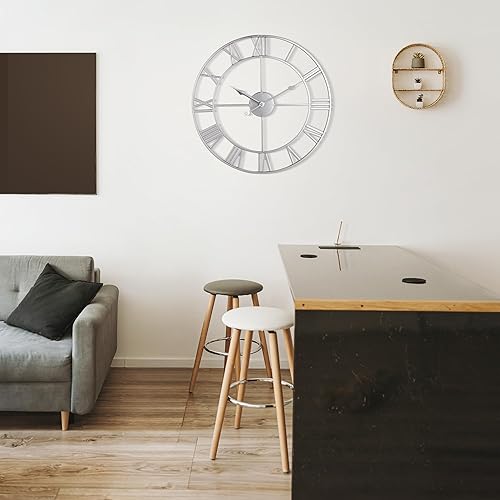 Miniatura 2 de Reloj de pared grande  16 pulgadas reloj de pared de metal silencioso sin tictac, plata moderna vintage, funciona con pilas, ideal para sala de