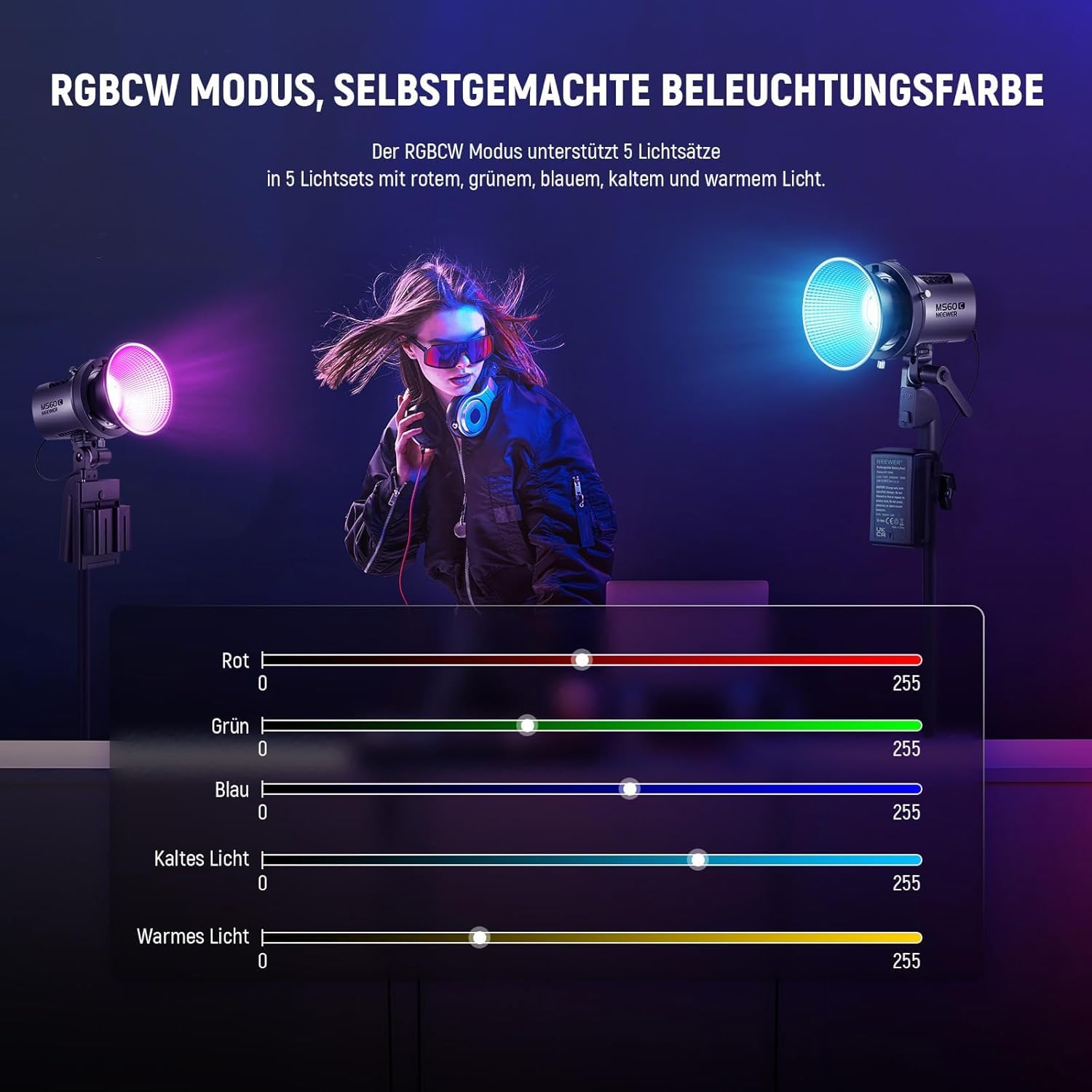 NEEWER MS60C RGBWW LED Videoleuchte Studiolicht 2,4G/APP Steuerung, 65W Ganzmetall Mini Kompakt RGB COB Studio Dauerlicht 2700K-6500K/8300lux@1m/CRI 97+/TLCI 98+/17 Effekte + RGBCW Bowens Halterung
