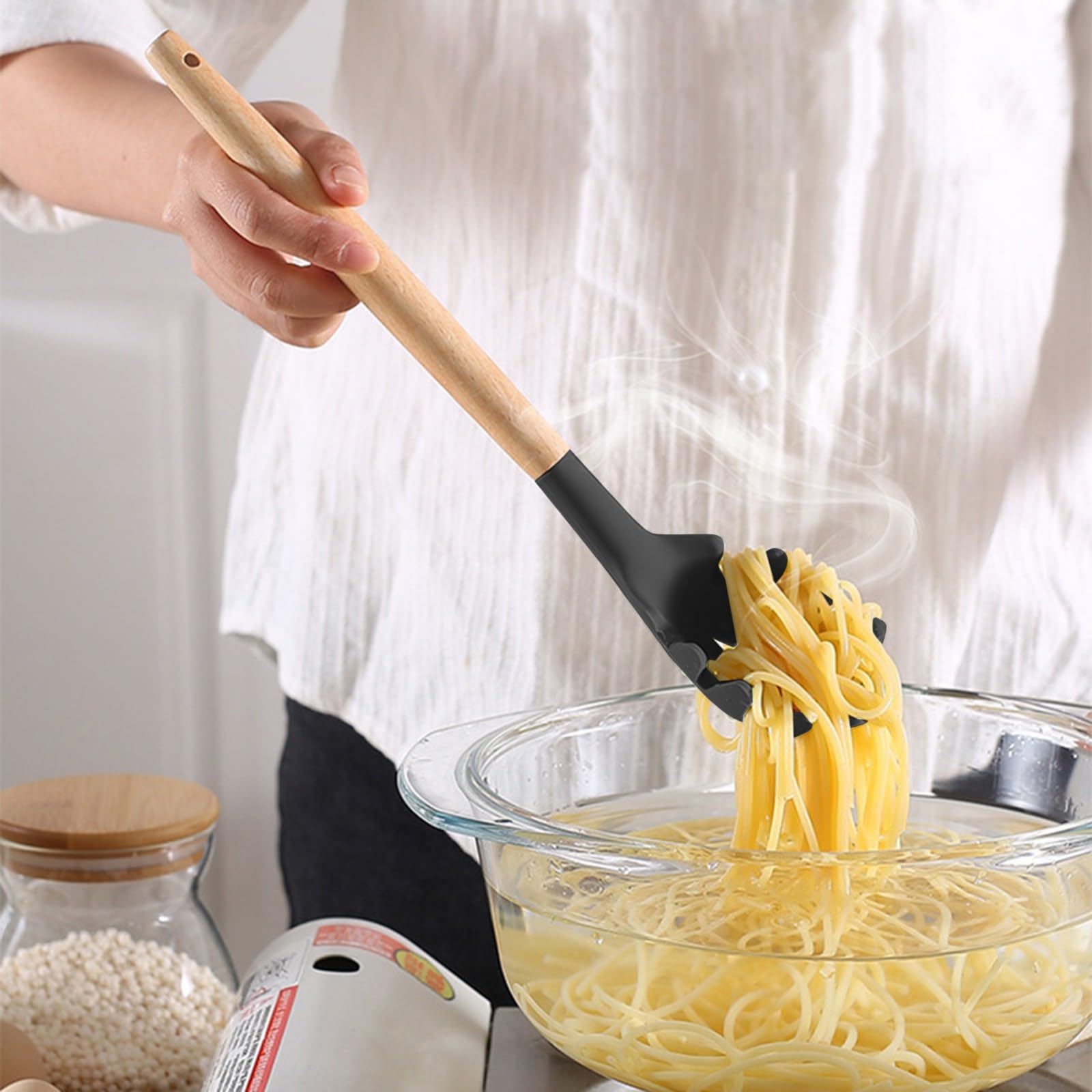 Forchetta Pasta Legno 32.5cm Forchetta Per Pasta In Silicone - Cucchiaio Colino Antiaderente Senza BPA - 32,5 Cm Nero Utensili Cucina Antiaderenti