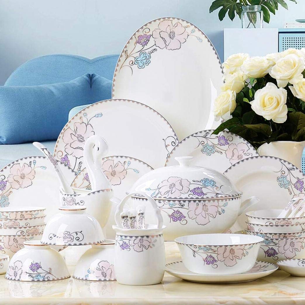 H3TF5J Zestaw zastawy stołowej w Chinach kości, fioletowy kwiatowy wzór ceramiczny zastawa stołowa, 50-częściowy zestaw zastawy stołowej bankiet, nietoksyczny proces kolorów, domowy zestaw porcelanowy