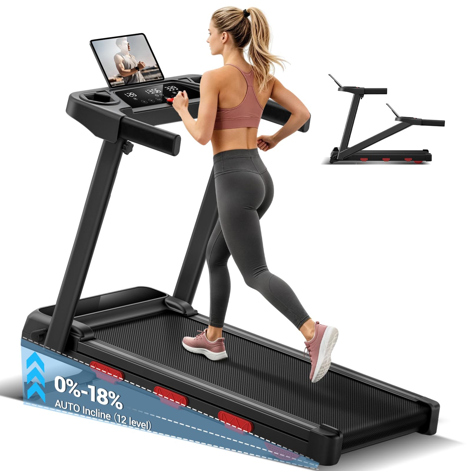 CURSOR Bieżnia Domowa Elektryczna z Automatycznym Nachyleniem 18% | 1-12 km/h Bieżnia Składana z Silnikiem 3,0 KM,12 Programów Treningowych,Treadmill Home Potrójny Wyświetlacz LED,Maks 160 kg
