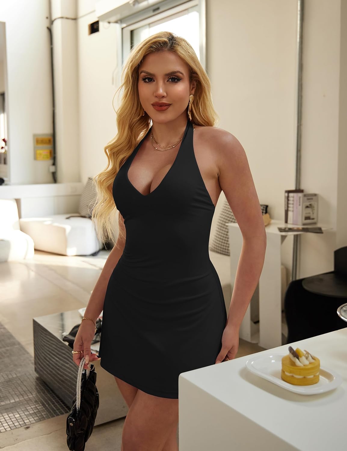 BEAGIMEG Women's Sexy Bodycon A-line Halter Deep V Backless Club Party Mini Dress - Image 4