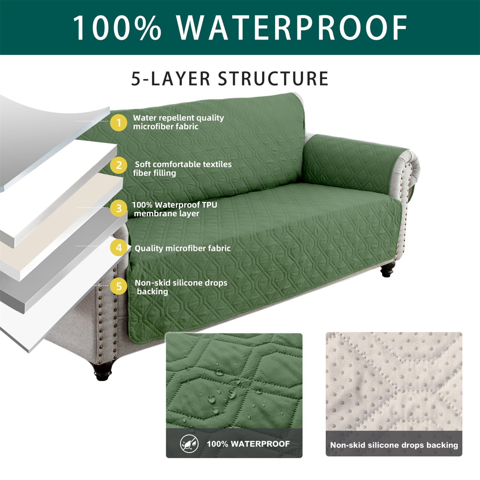 Funda impermeable para sofá de 2 plazas, apta para mascotas, con reposabrazos, resistente a los arañazos, ajuste universal para sofás de 1 a 4 plazas, color verde