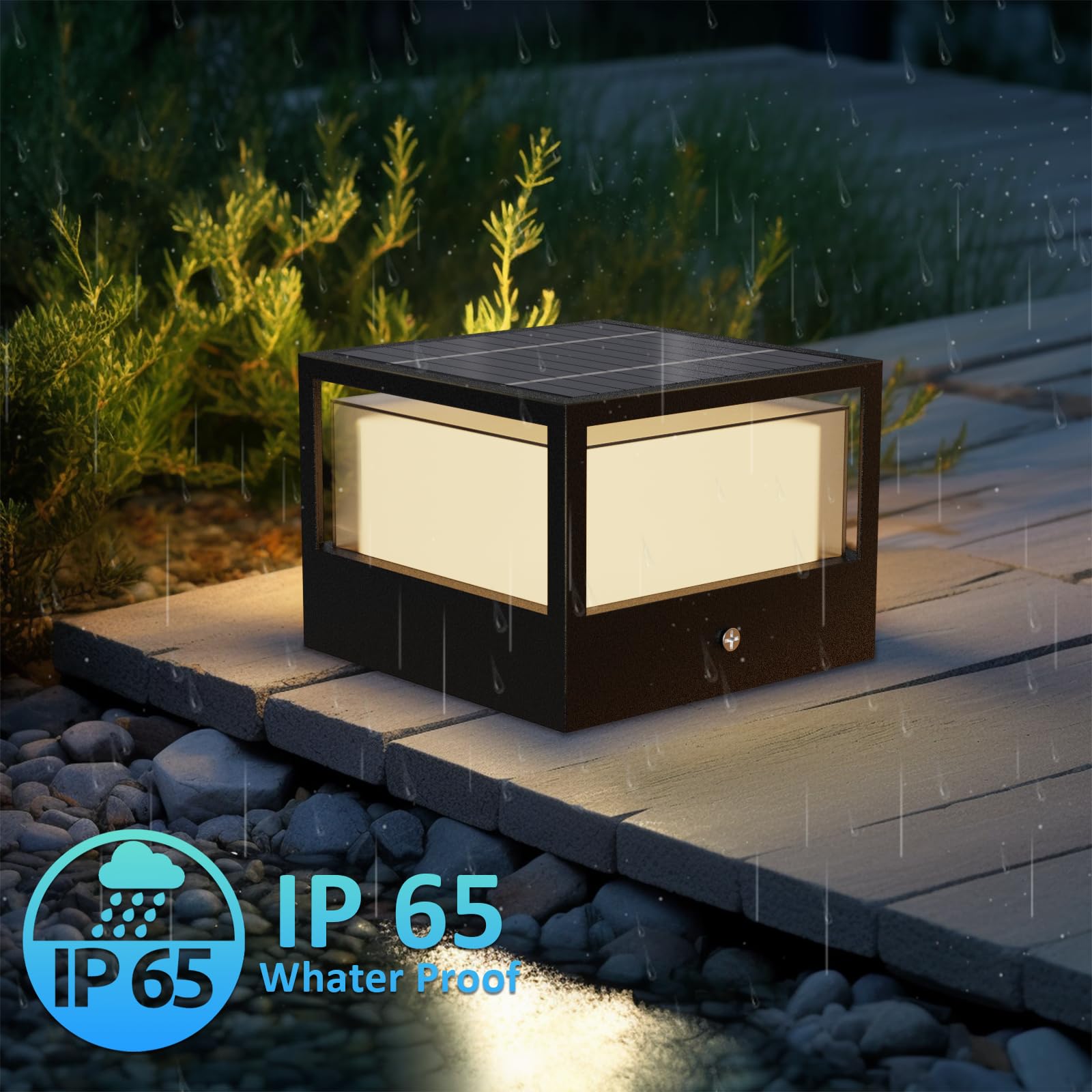 ACMHNC Farola Solar Exterior, LED Luz Solar Exterior jardin, Ip65 Lampara Sobremuro Exteriores de Aluminio, Blanco Cálido, Square, para Jardín Valla Patio, Negro