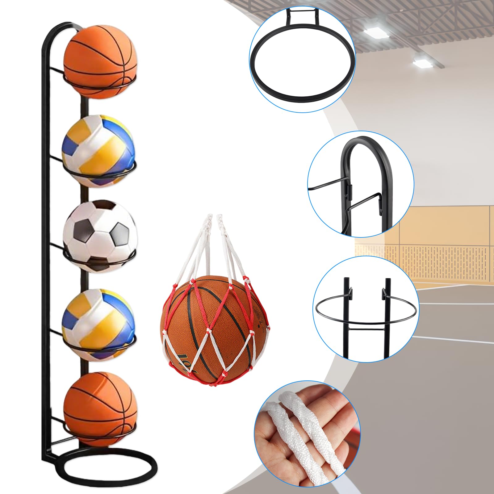 Porta Palloni da Calcio con Borsa a Rete Scaffale Portaoggetti per Palloni Rimovibile a 5 Livelli in Ferro Porta Pallone Pallacanestro per Attrezzature Sportive Basket Pallavolo