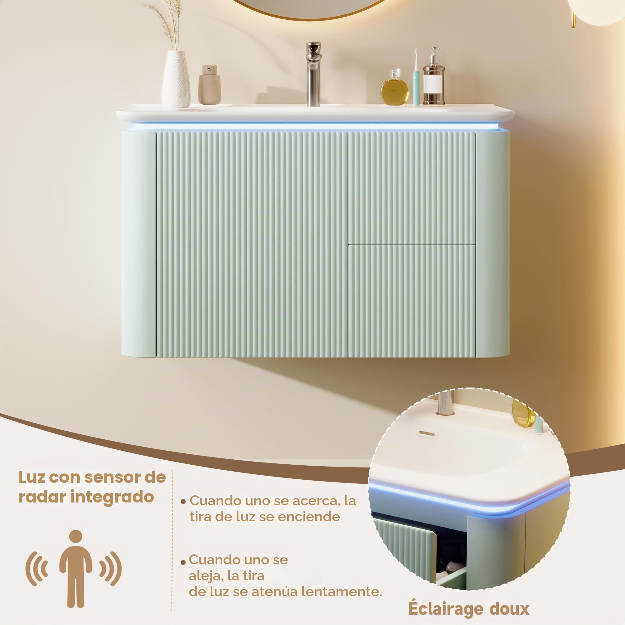 80,5 × 47,5 × 51 cm, armario de lavabo colgante de pared, completamente lacado, estructura vertical, lámpara LED con sensor de movimiento de radar, cajones silenciosos, lavabo de una pieza