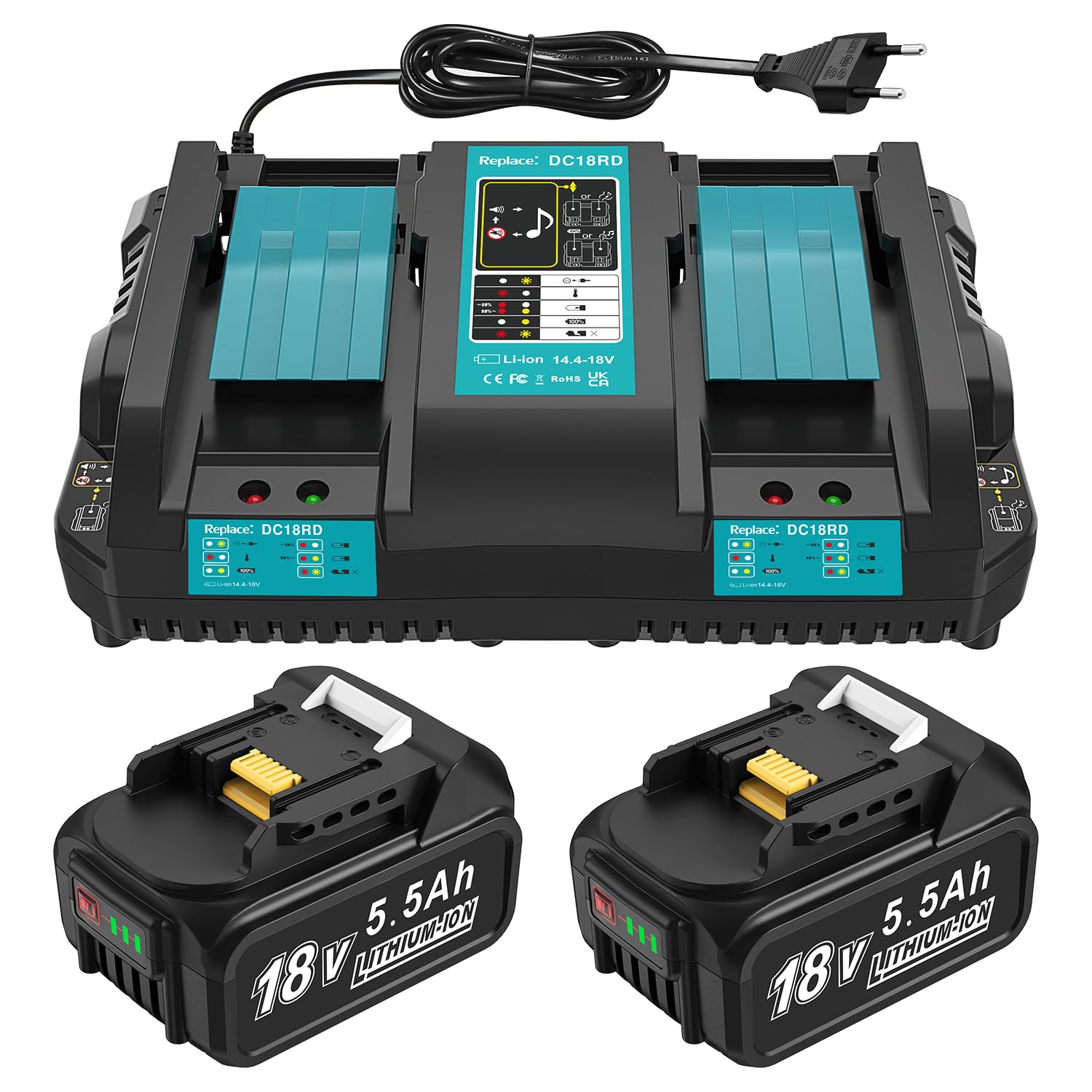 DC18RD 18V Ladegerät + 2 Stück 5,5Ah Ersatzakku Kompatibel mit Makita Akku und Ladegerät, 18V ErsatzAkkus BL1860B BL1850B BL1860 BL1850 BL1840
