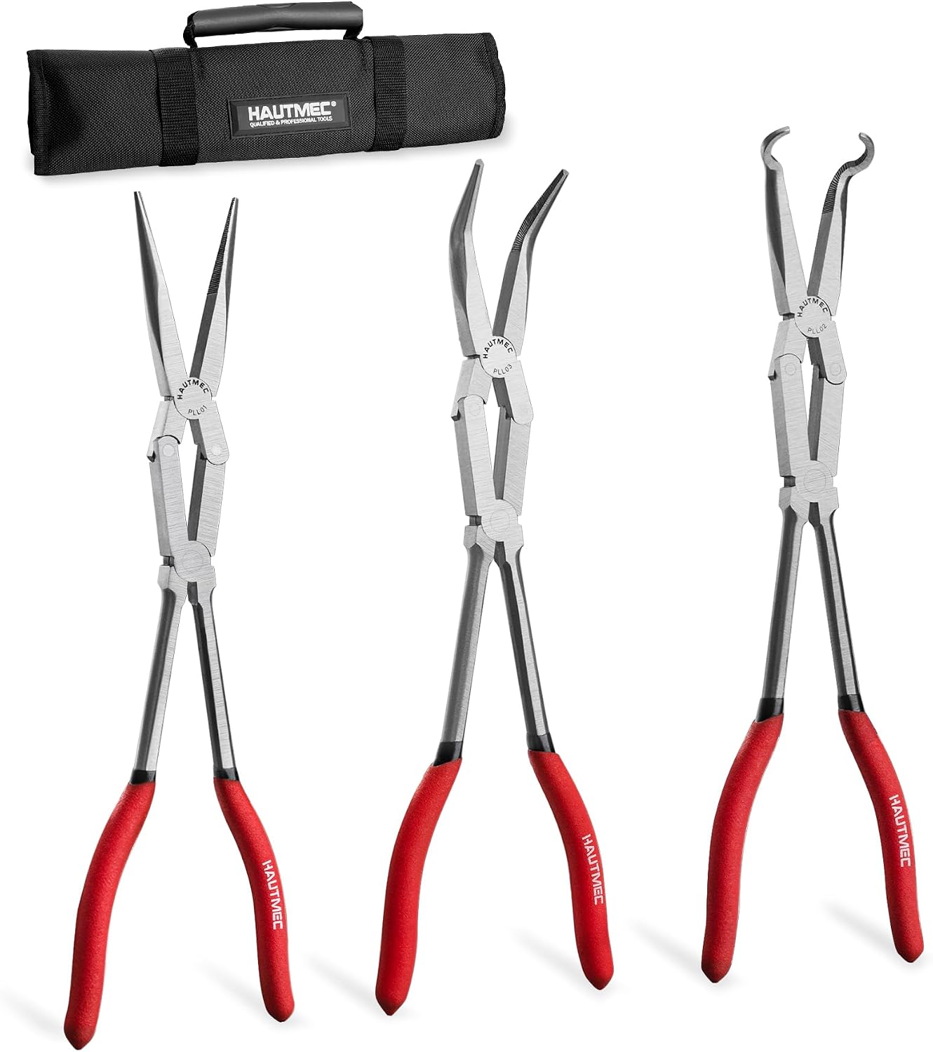  11Inch Extra Long Needle Nose Pliers Set, 5PCS Spring Loaded Heavy Duty Long Reach Pliers Include Hose Grip and Diagonal Cutting Plier, Straight and 45/90 Degree Bent Nose Pliers